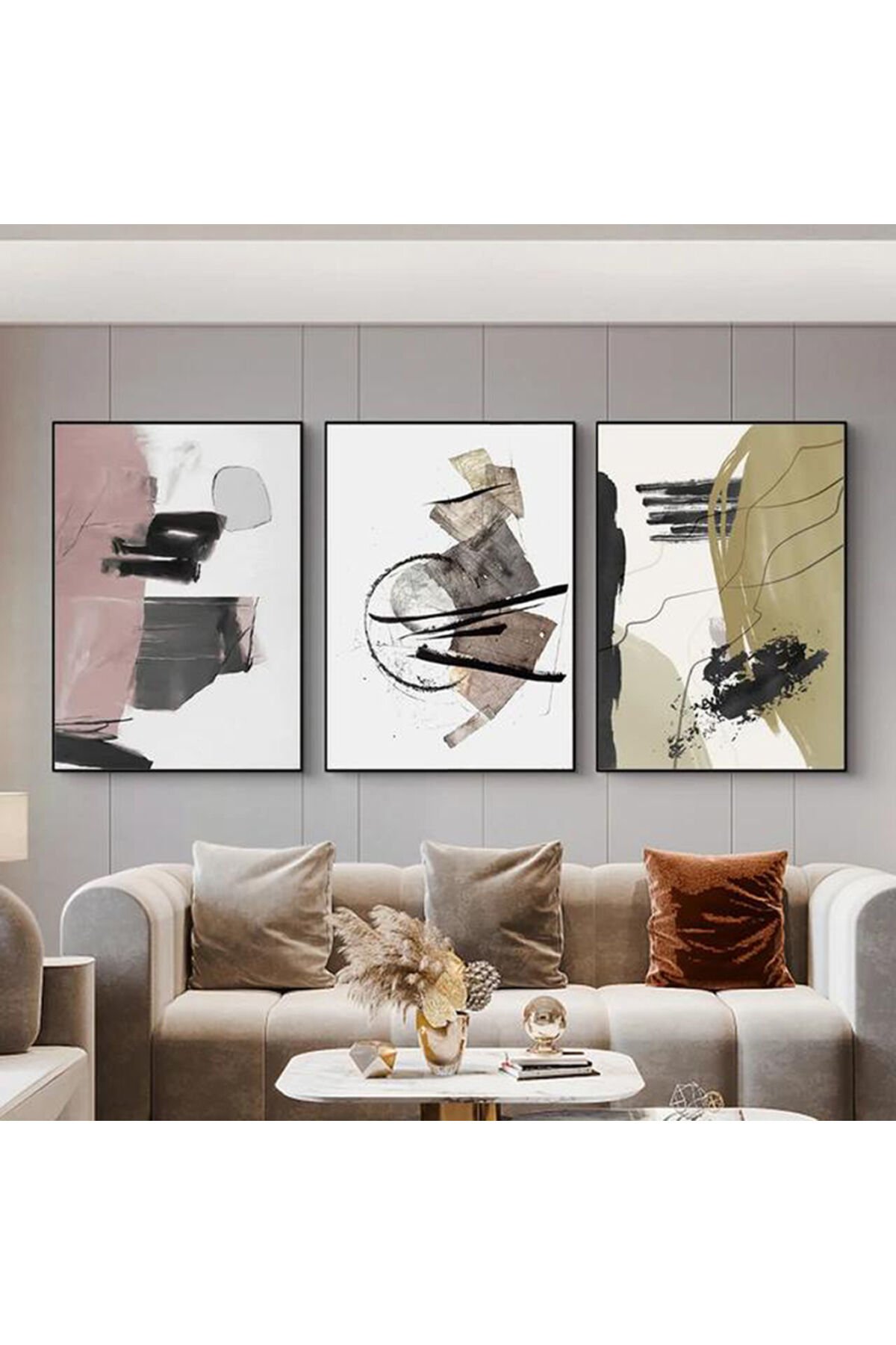 Üçlü Siyah Metal Çerçeve Soyut Desen Moda Cam Tablo Seti