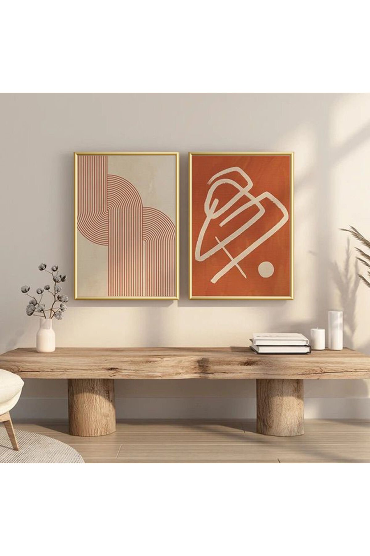 İkili Gold Metal Çerçeveli Bohem Soyut Camlı Tablo Seti