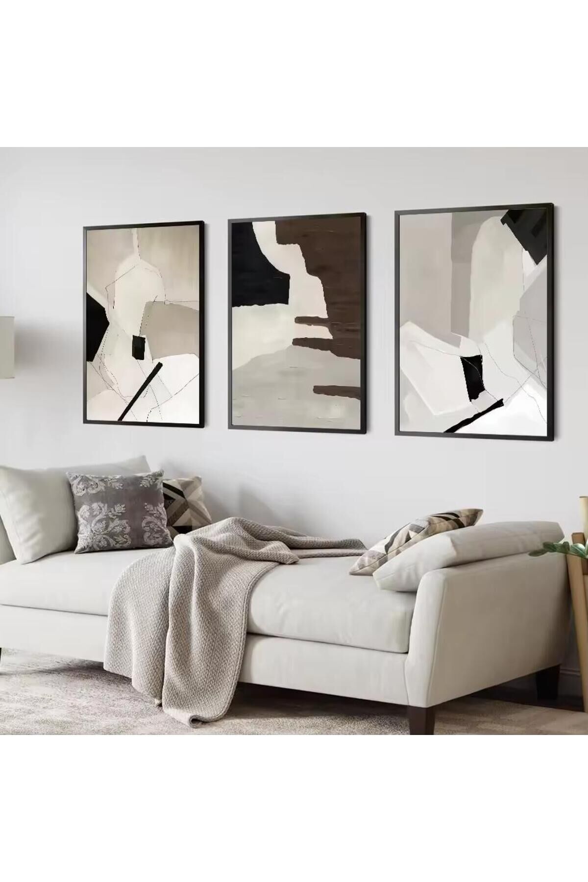 3lü Siyah Metal Çerçeve Soyut Modern Stil Cam Tablo Seti