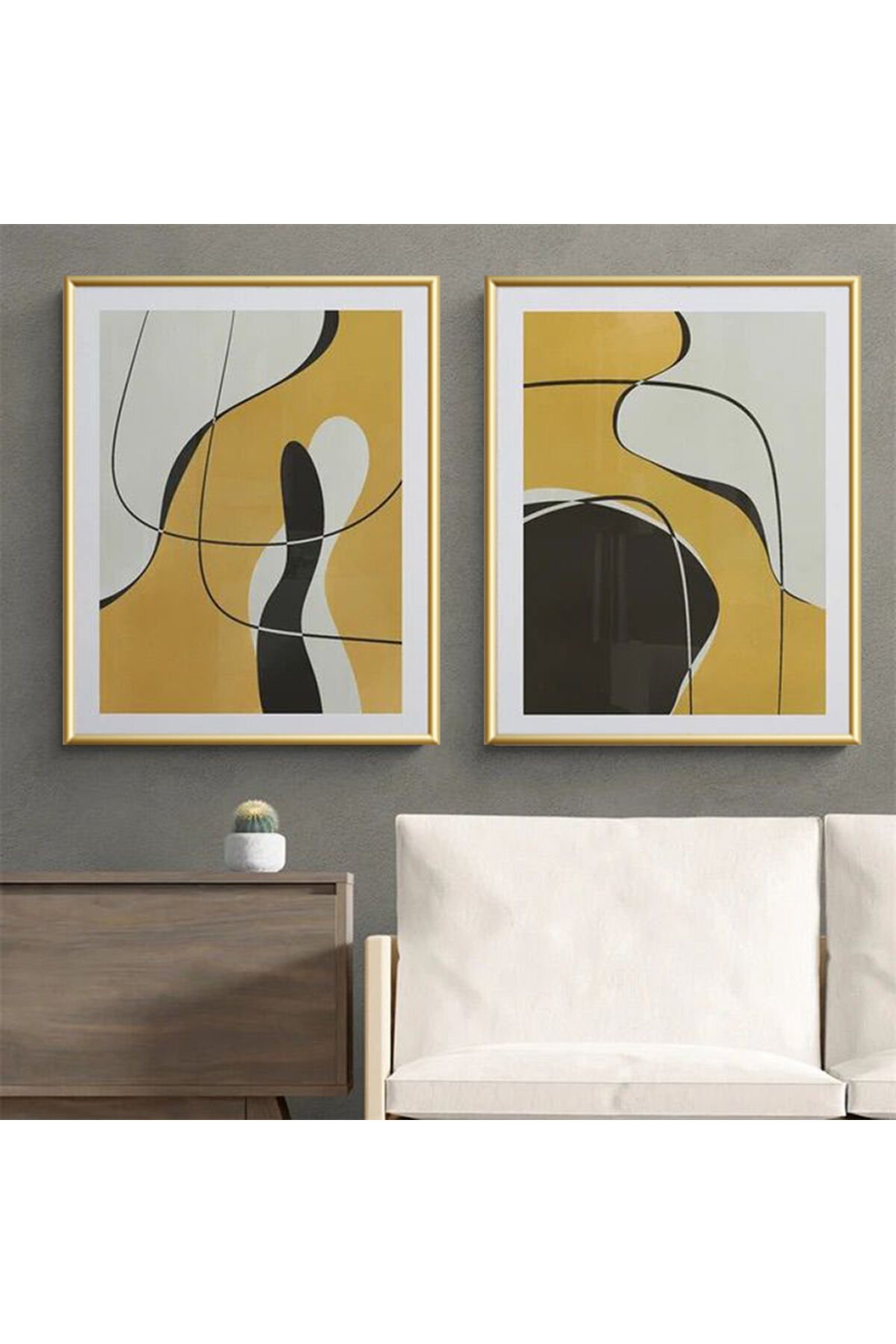 İkili Gold Metal Çerçeveli Sarı Siyah Soyut Camlı Tablo Seti