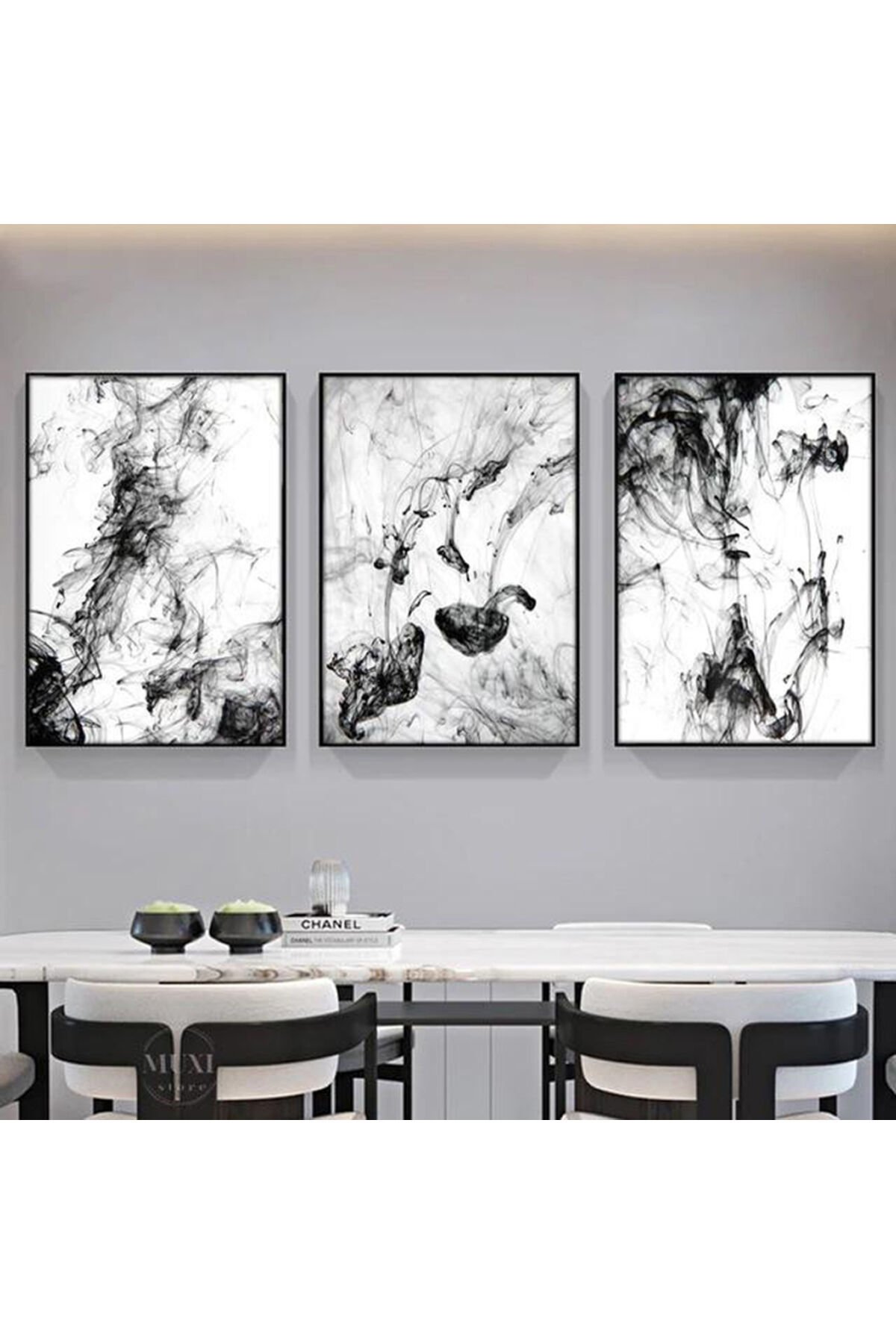 Üçlü Siyah Metal Çerçeve Gri Beyaz Desen Cam Tablo Seti