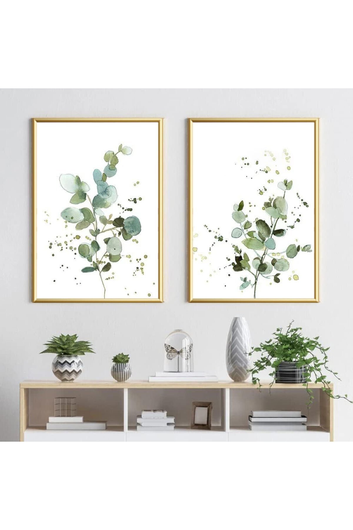 İkili Gold Metal Çerçeveli Çiçekler Yaprak Camlı Tablo Seti