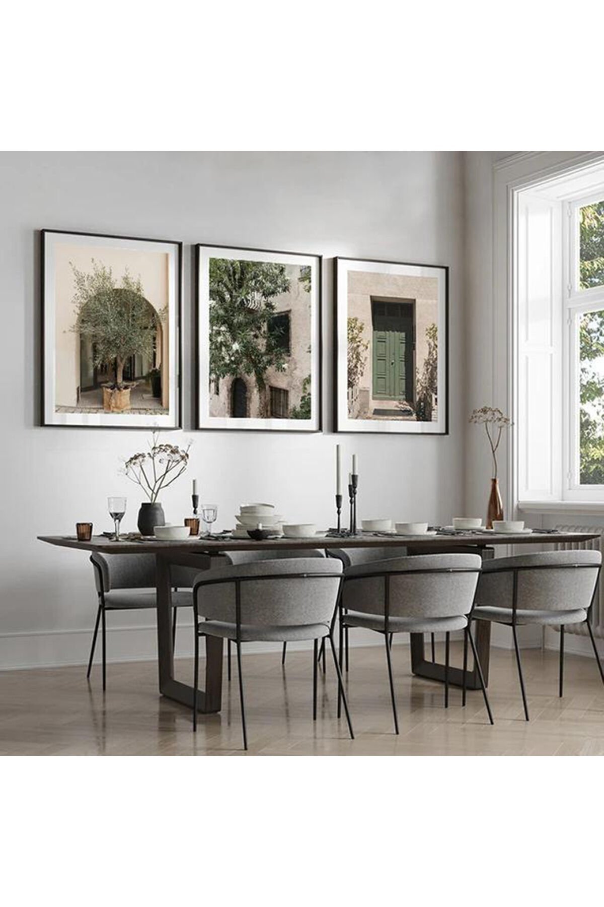 3lü Siyah Metal Çerçeve Kapı Bohem Mimar Cam Tablo Seti