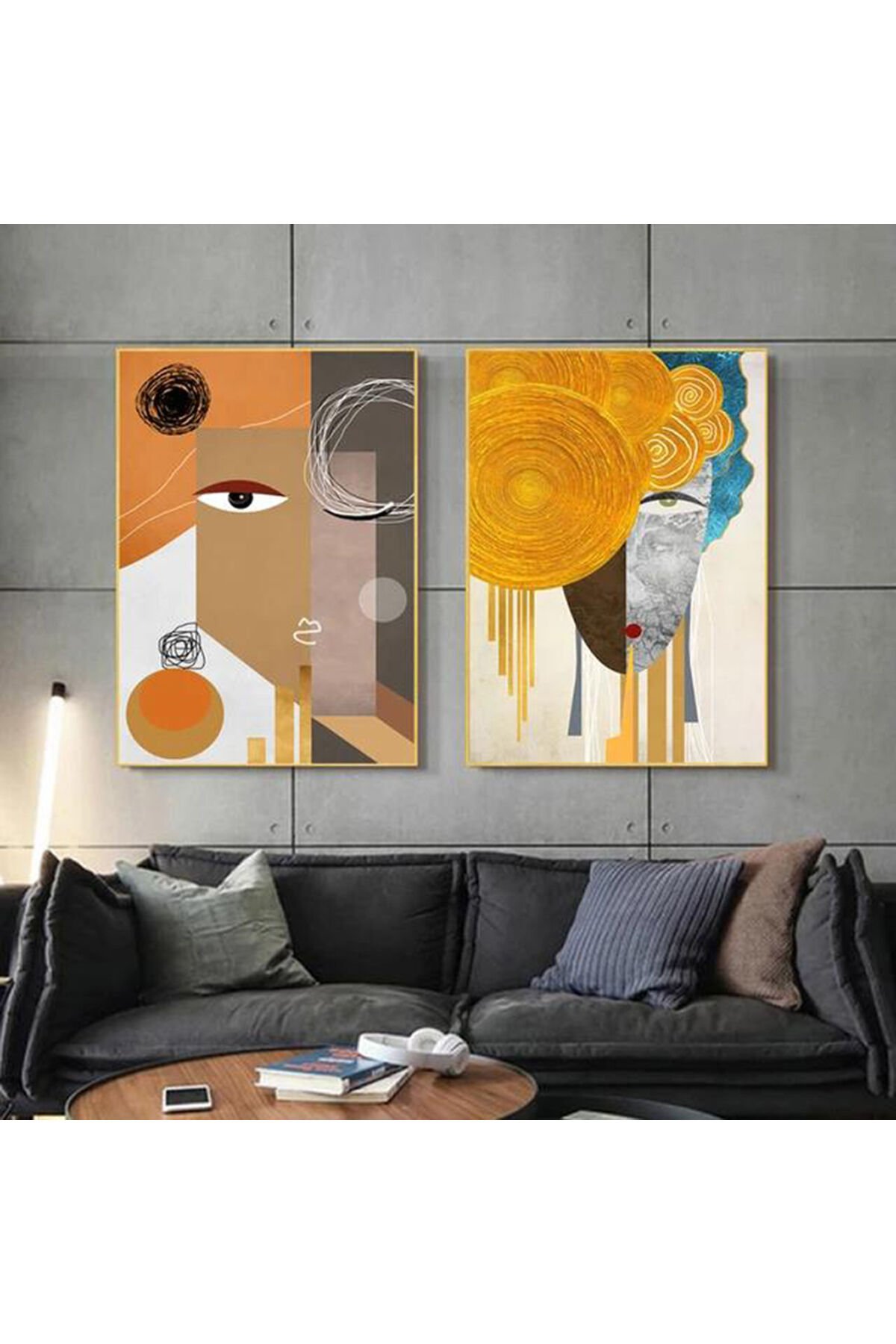 İkili Gold Metal Çerçeveli Soyut Camlı Tablo Seti