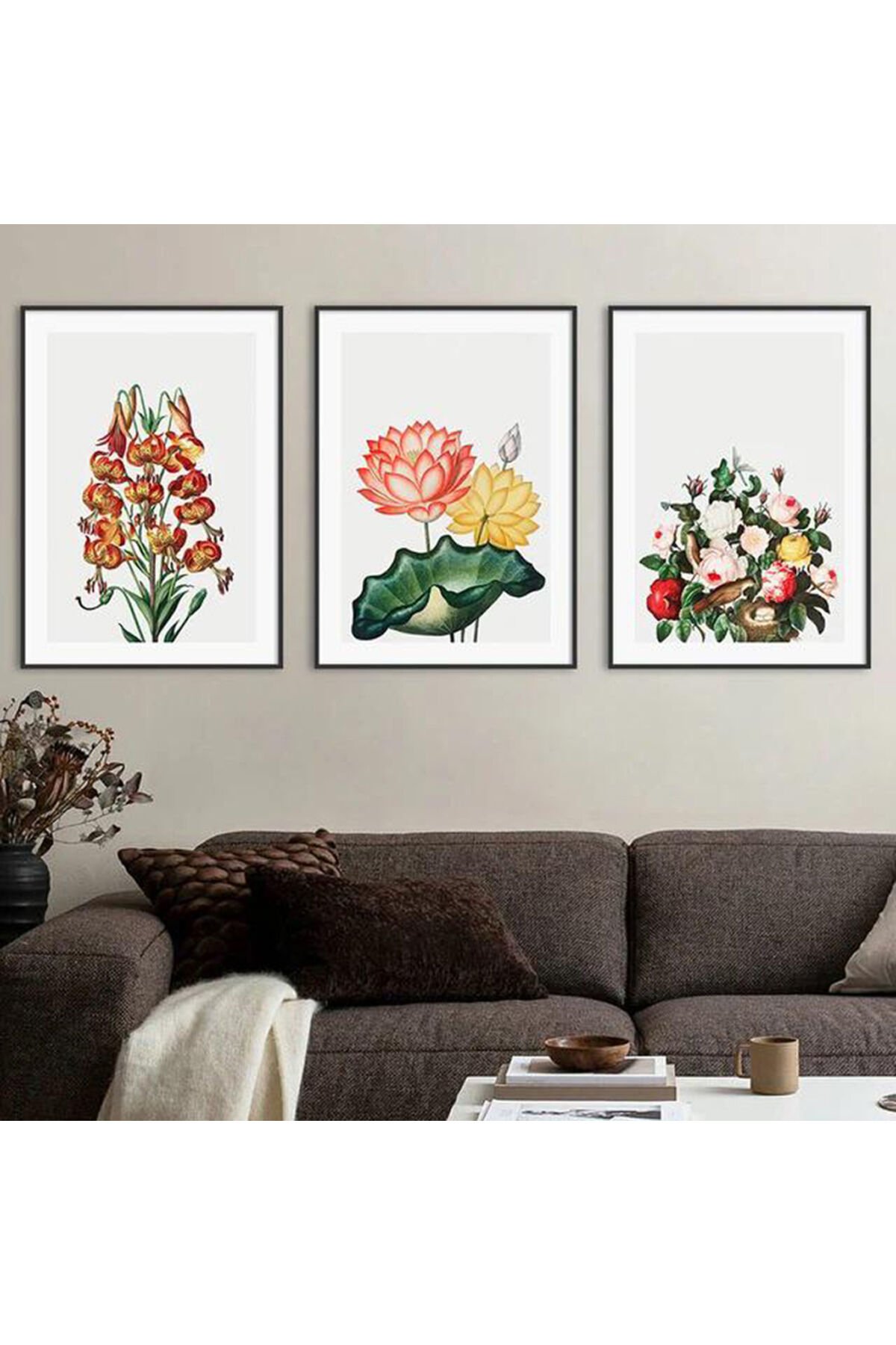 Üçlü Siyah Metal Çerçeve Çiçek Canlı Renkli Cam Tablo Seti