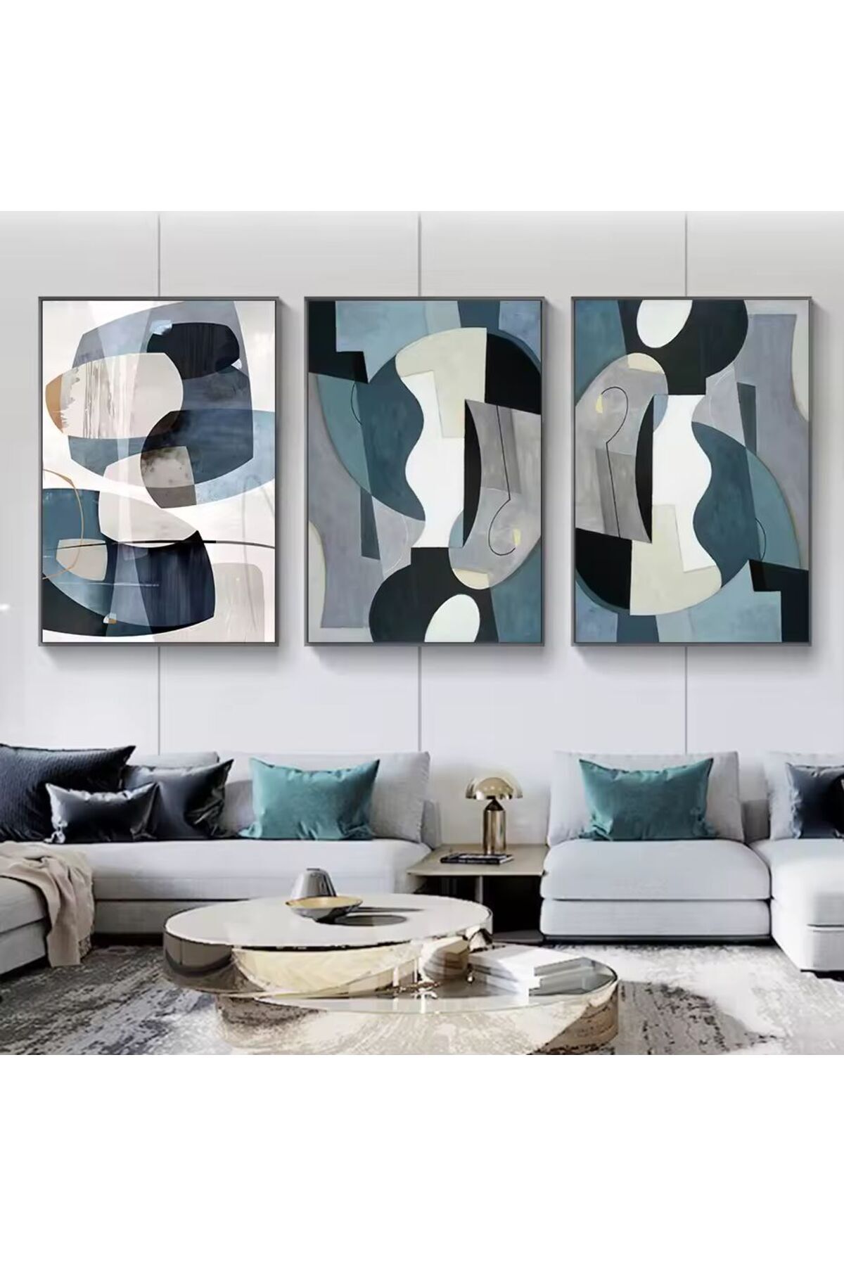 Üçlü Siyah Metal Çerçeve Soft Mavi Geometrik Cam Tablo Seti