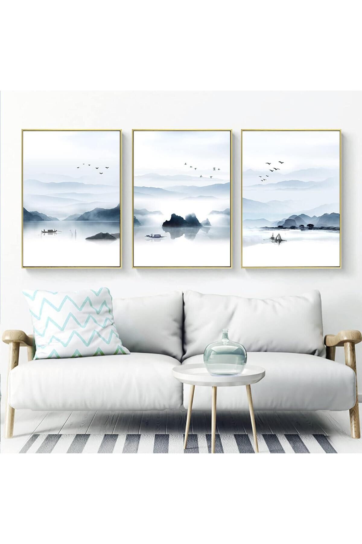 Üçlü Gold Metal Çerçeve Deniz Dağ Balıkçı Cam Tablo Seti