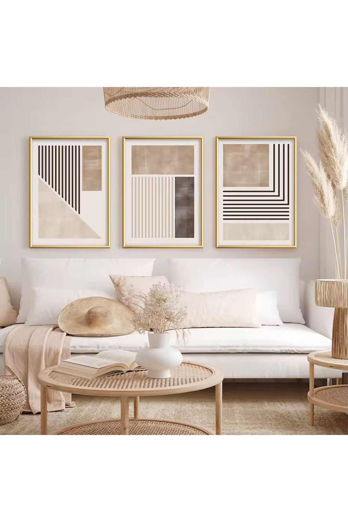 Üçlü Gold Metal Çerçeve Kahverengi Çizgiler Cam Tablo Seti