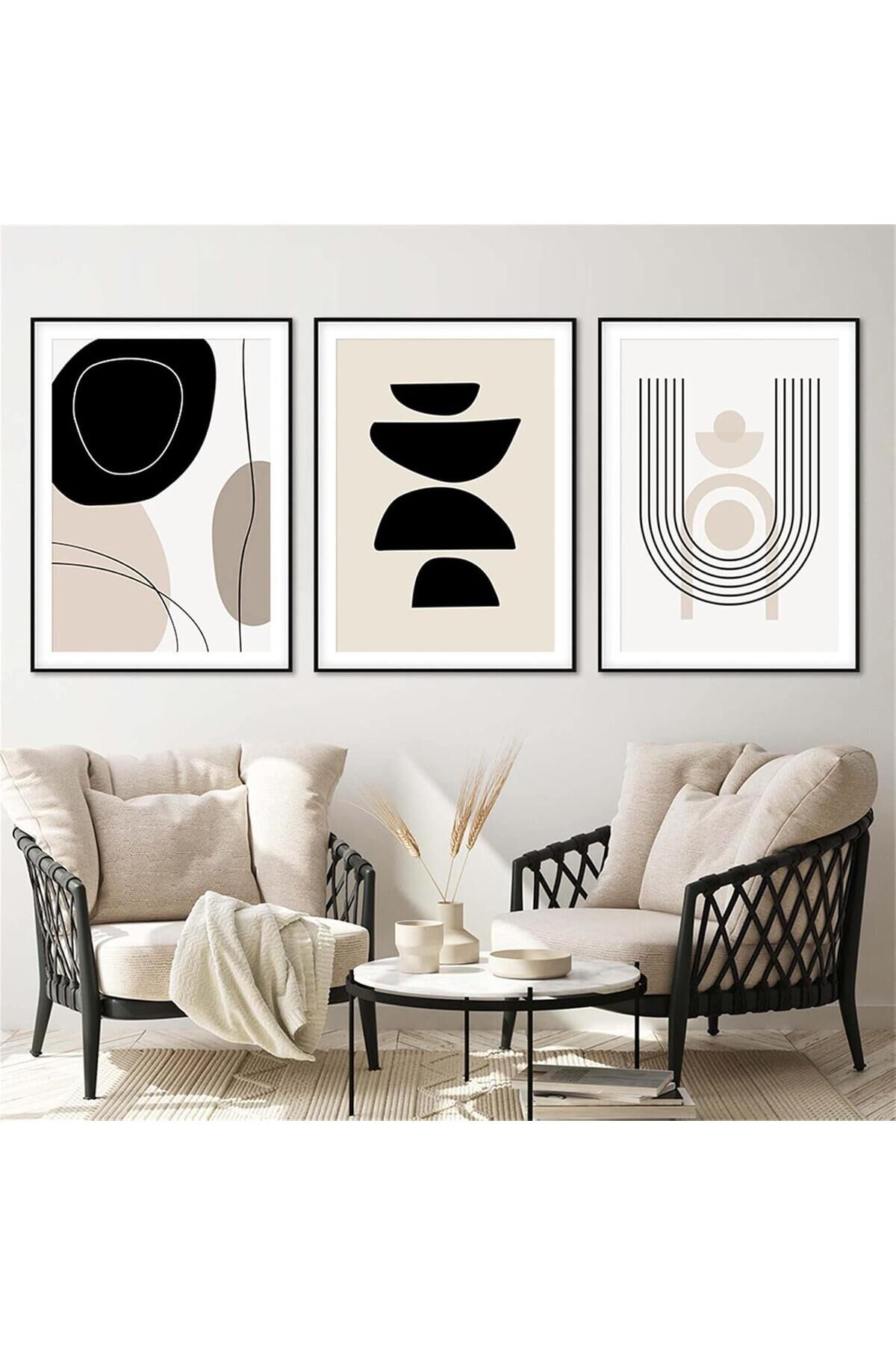 Üçlü Siyah Metal Çerçeve Bohem Tarz Cam Tablo Seti