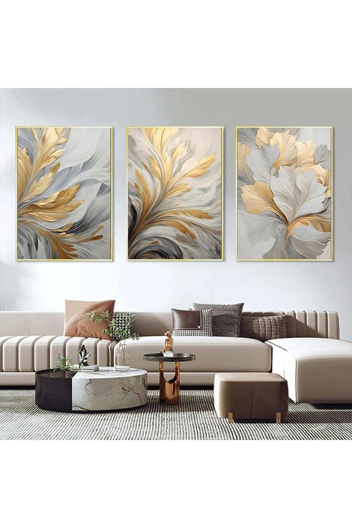 Üçlü Gold Metal Çerçeve Gri Sarı Yaprak Cam Tablo Seti