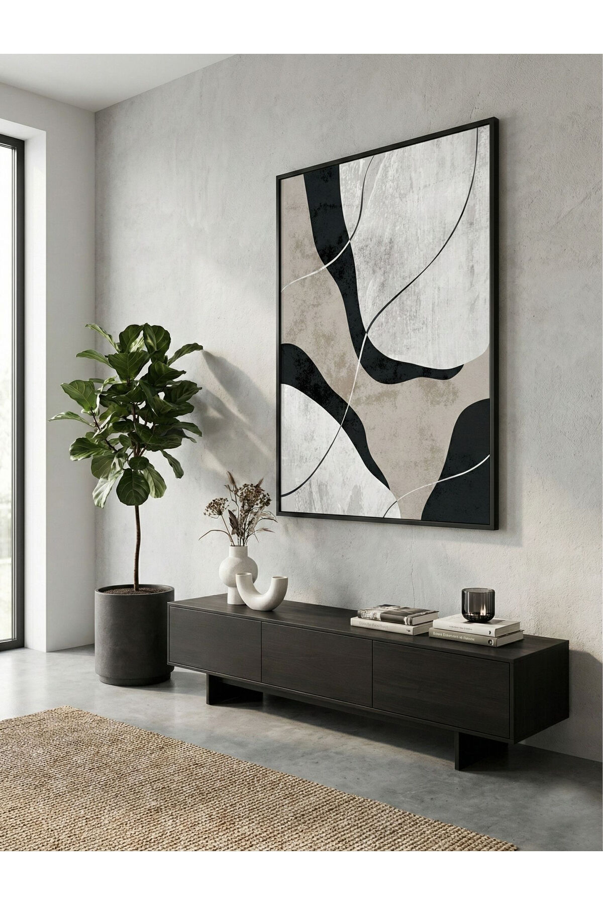 Tekli Siyah Metal Çerçeve Sanatsal Minimal Camlı Tablo Seti Si̇yah - 50 X 70