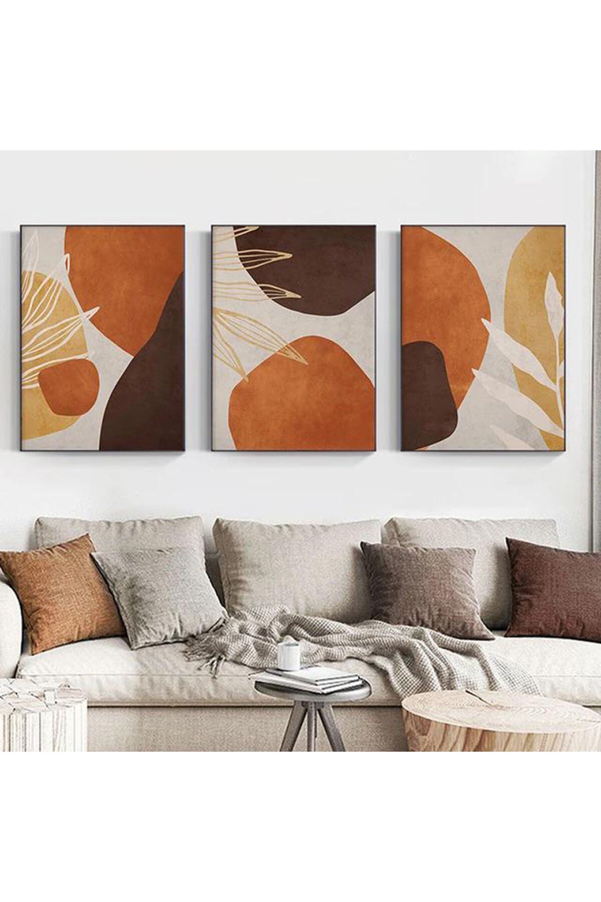 Üçlü Siyah Metal Çerçeve Kahve Yaprak Çiçek Cam Tablo Seti