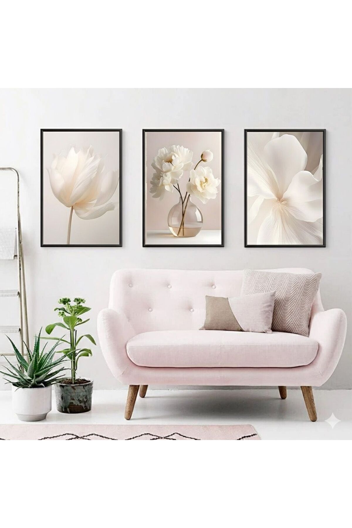 3lü Siyah Metal Çerçeve Vazo Pudra Gerçek Cam Tablo Seti