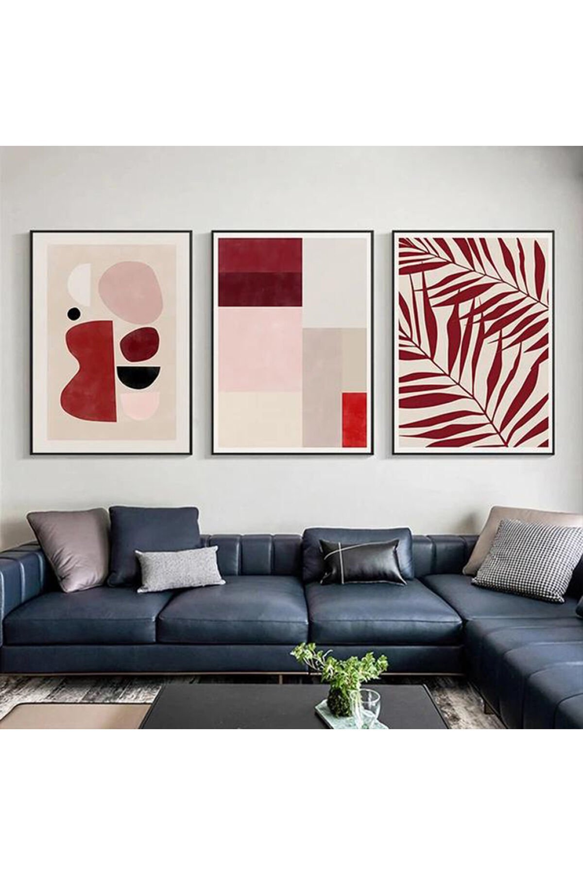 Üçlü Siyah Metal Çerçeve Bordo Yaprak Cam Tablo Seti