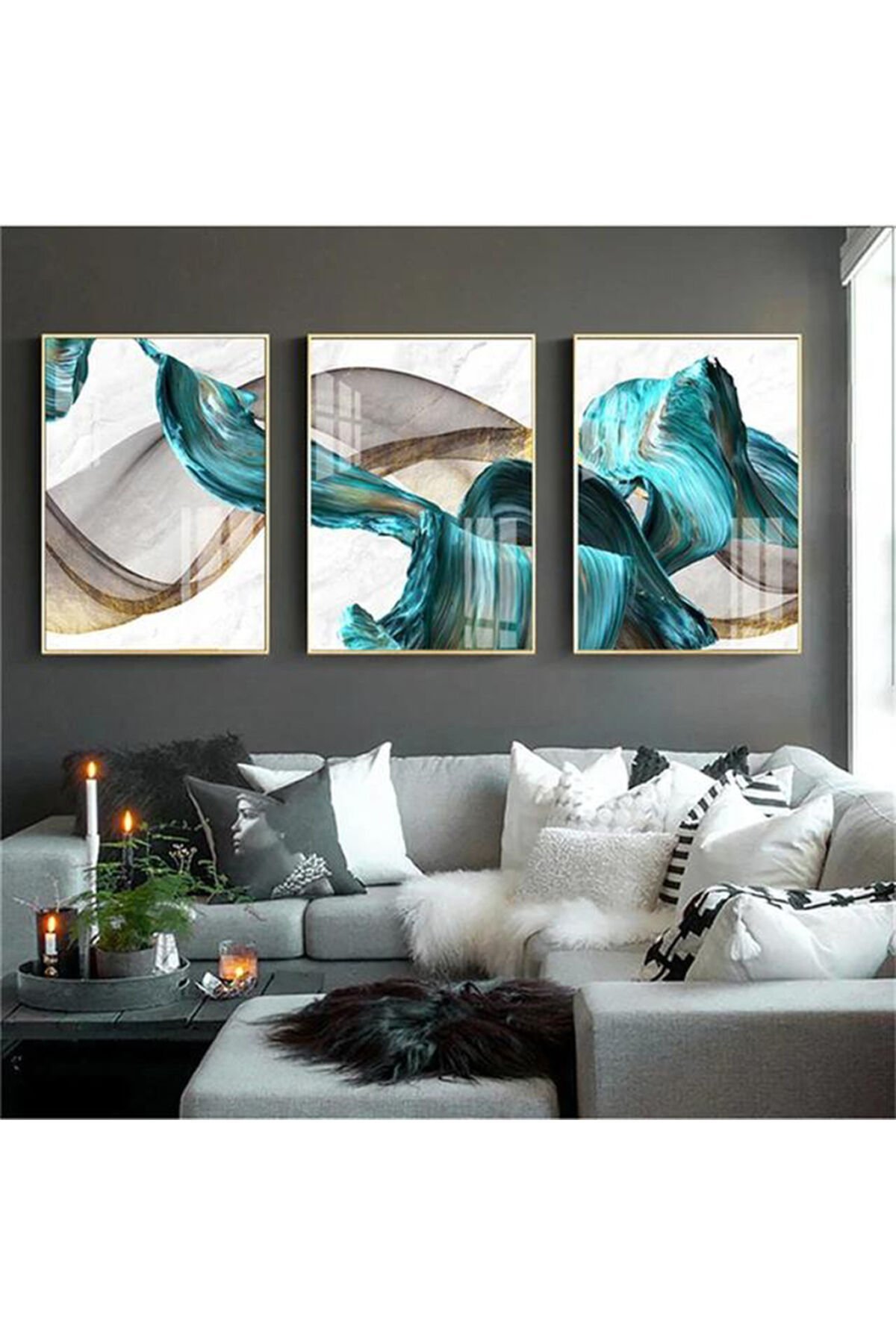 Üçlü Gold Metal Çerçeve Soyut Mavi Çizgiler Cam Tablo Seti