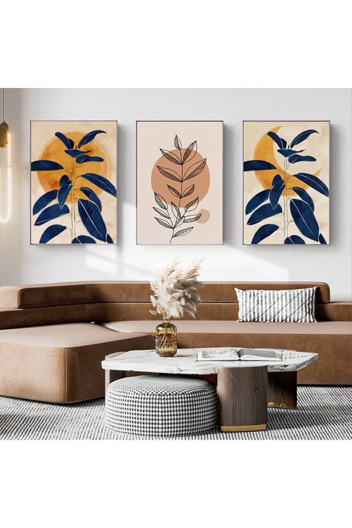 Üçlü Siyah Metal Çerçeve Mavi Sarı Yaprak Cam Tablo Seti