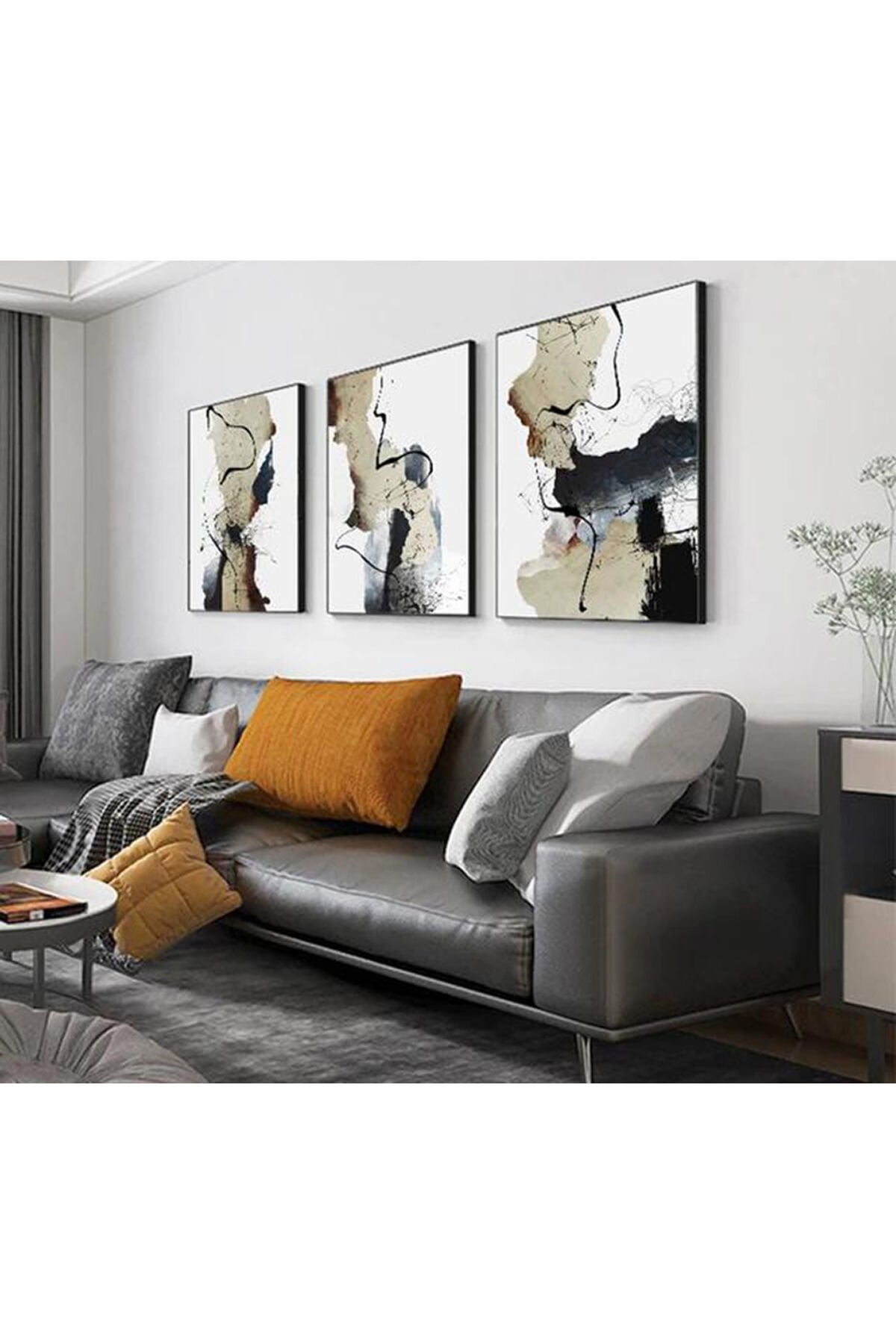 Üçlü Siyah Metal Çerçeve Soyut Sanatsal Camlı Tablo Seti