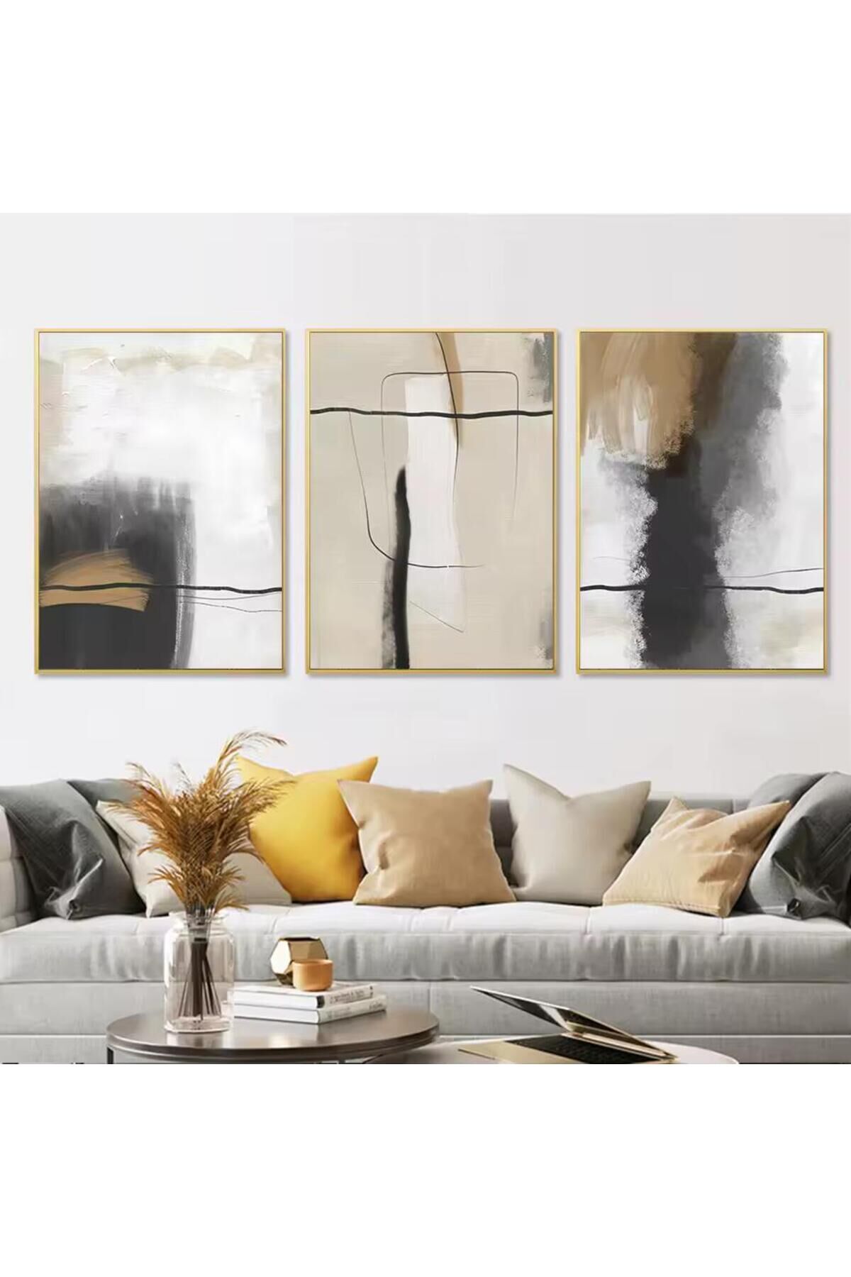 Üçlü Gold Metal Çerçeve Antrasit Gri Cam Tablo Seti