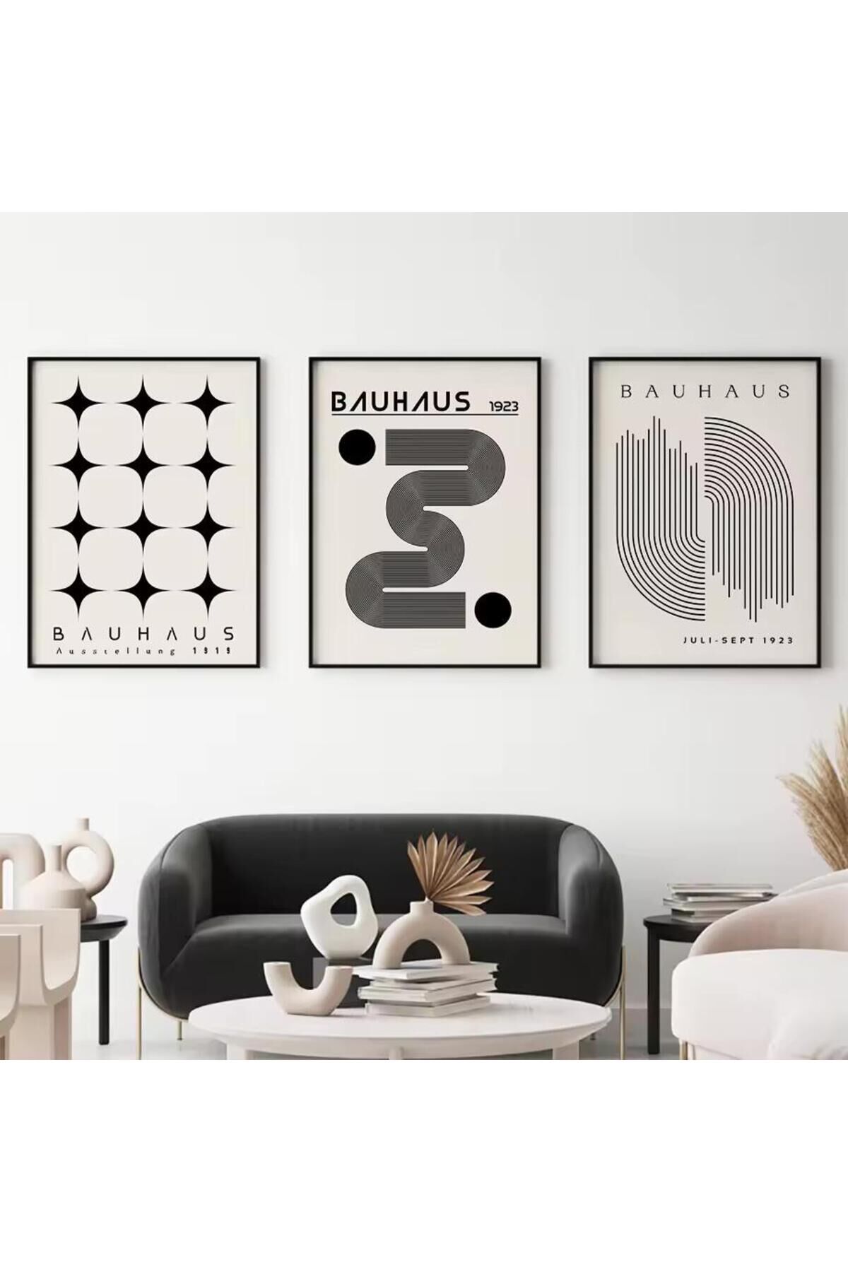 3lü Siyah Metal Çerçeve Mimari Beyaz Gerçek Cam Tablo Seti