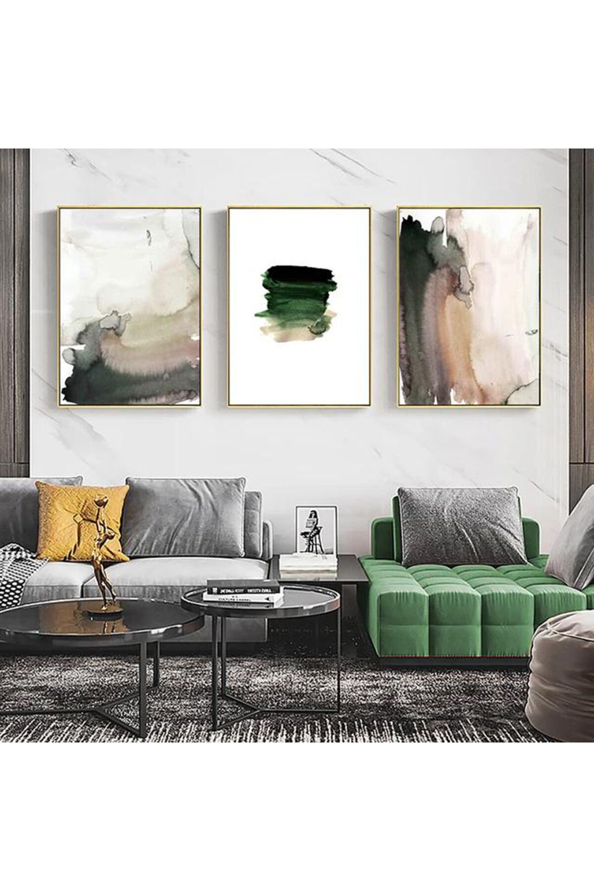 Üçlü Gold Metal Çerçeve Kahve Gri Cam Tablo Seti