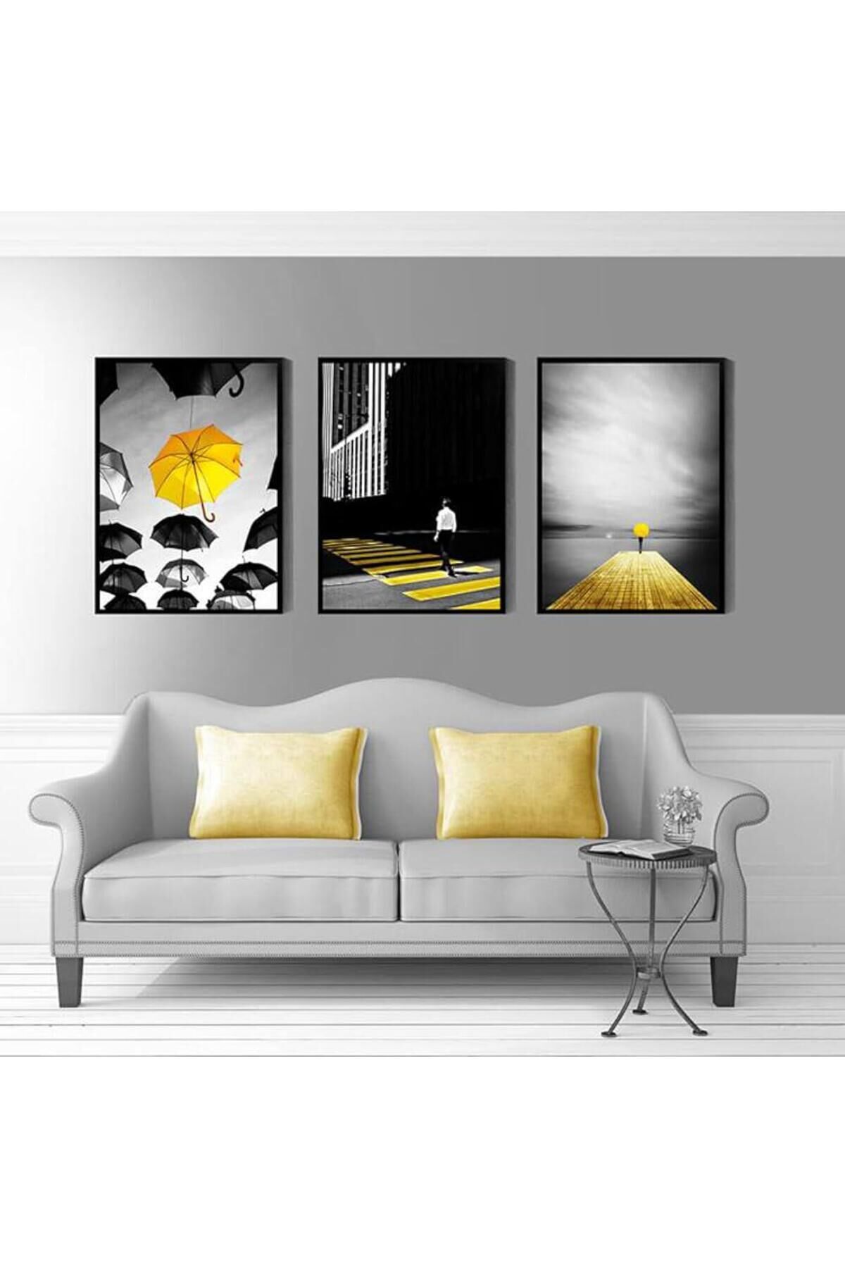 Üçlü Siyah Metal Çerçeve Sarı Şemsiye Cam Tablo Seti