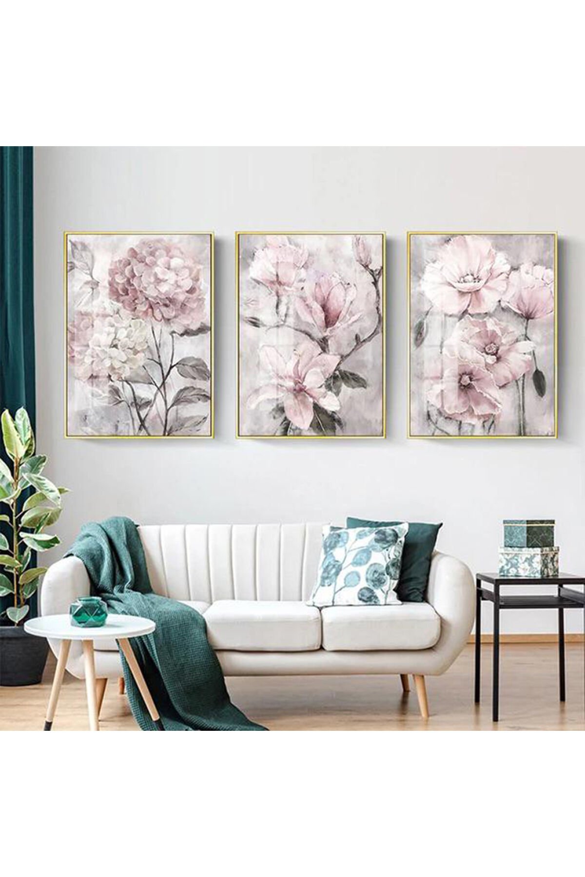 Üçlü Gold Metal Çerçeve Pembe Çiçekler Cam Tablo Seti