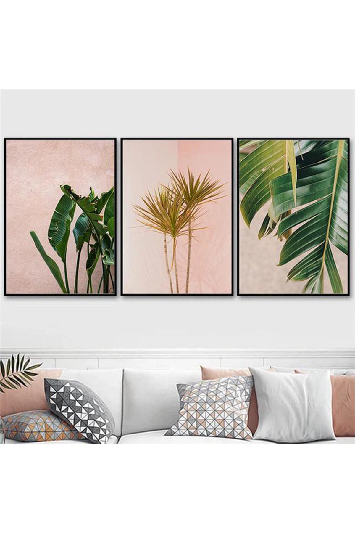 Üçlü Siyah Metal Çerçeve Pembe Yeşil Yaprak Cam Tablo Seti