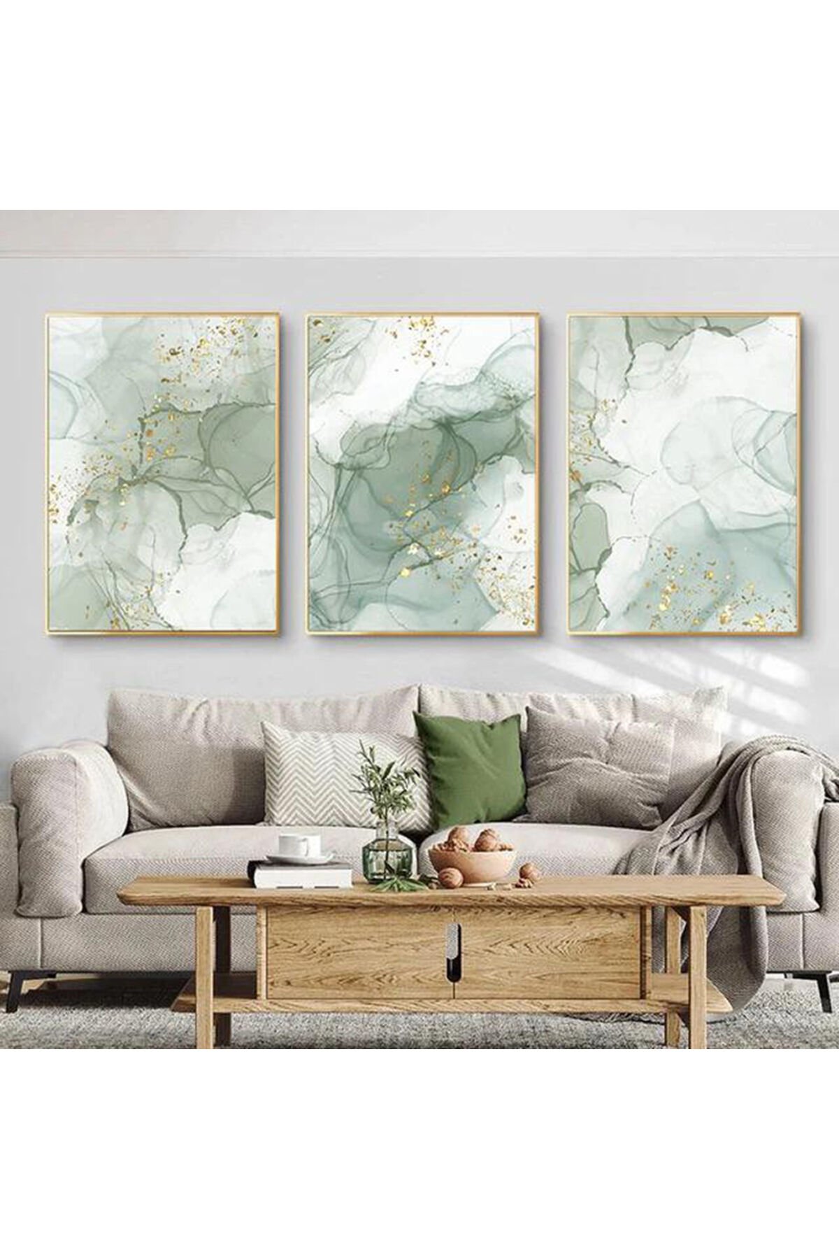 Üçlü Gold Metal Çerçeve Yeşil Mermer Desen Cam Tablo Seti
