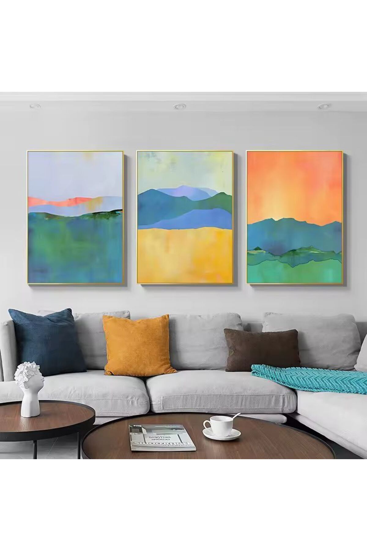 Üçlü Gold Metal Çerçeve Soyut Canlı Renkler Cam Tablo Seti