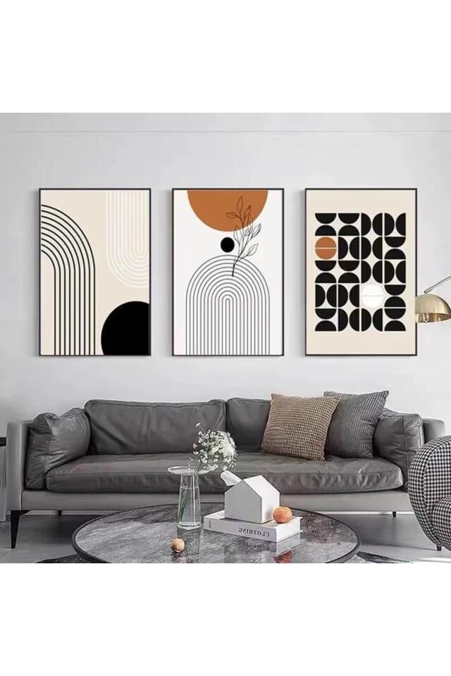 Üçlü Siyah Metal Çerçeve Bohem Moda Cam Tablo Seti