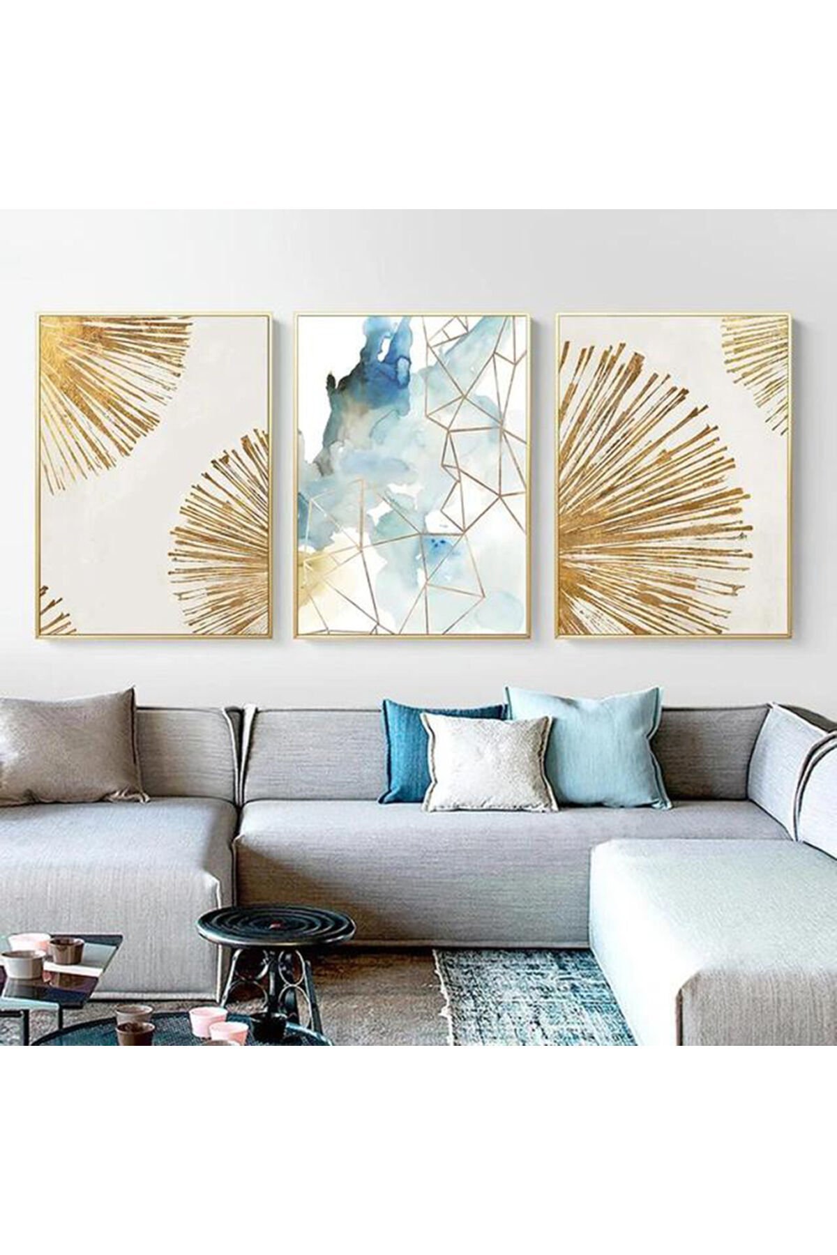 Üçlü Gold Metal Çerçeve Soyut Çizgiler Cam Tablo Seti