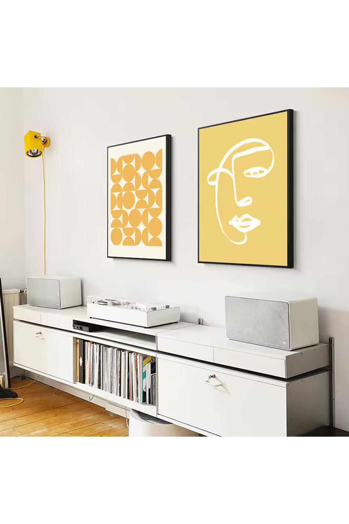 İkili Siyah Metal Çerçeveli Soft Sarı Modern Cam Tablo Seti