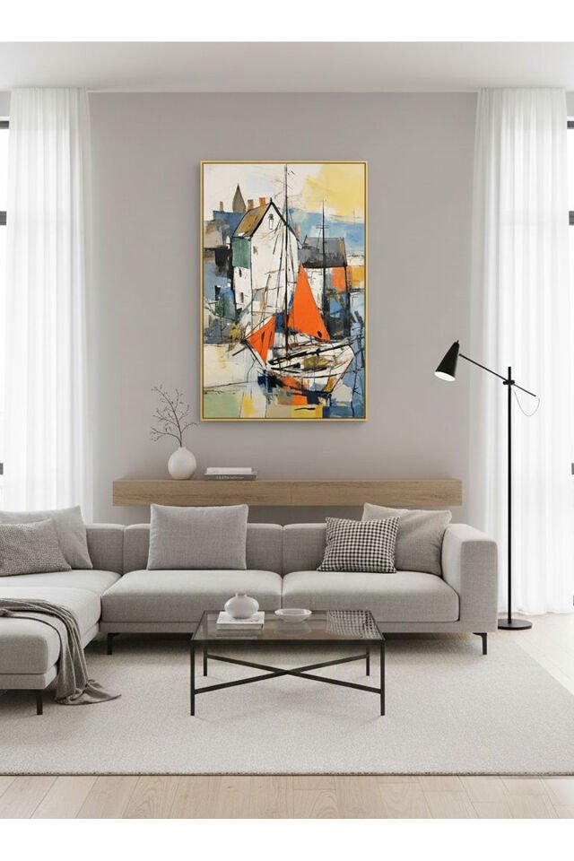 Tekli Gold Metal Kayık Deniz Camlı Tablo Seti Gold - 40 X 60