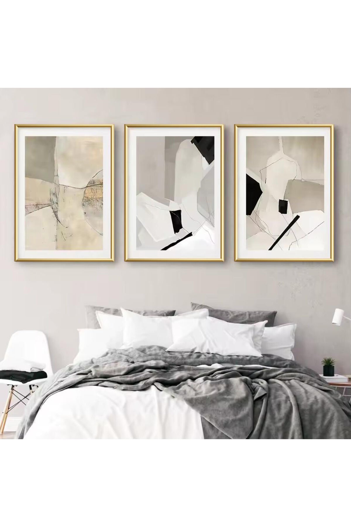 Üçlü Gold Metal Çerçeve Bohem Soyut Cam Tablo Seti