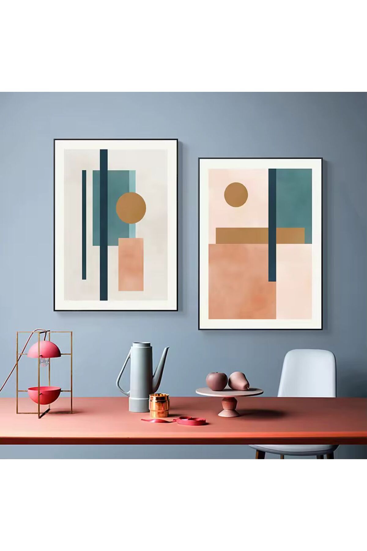 İkili Siyah Metal Çerçeveli Geometrik Renkli Cam Tablo Seti