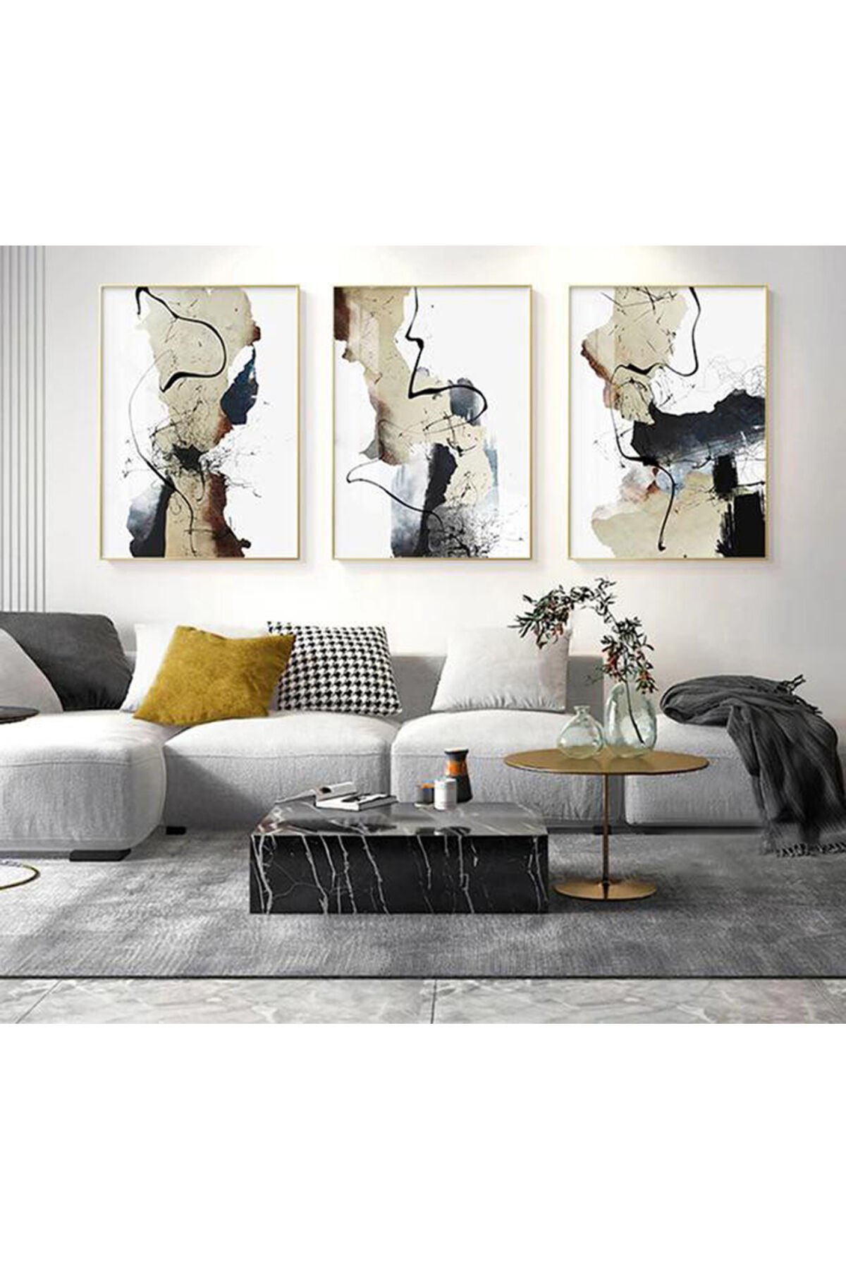 Üçlü Gold Metal Çerçeve  Soyut Gerçek Camlı Tablo Seti
