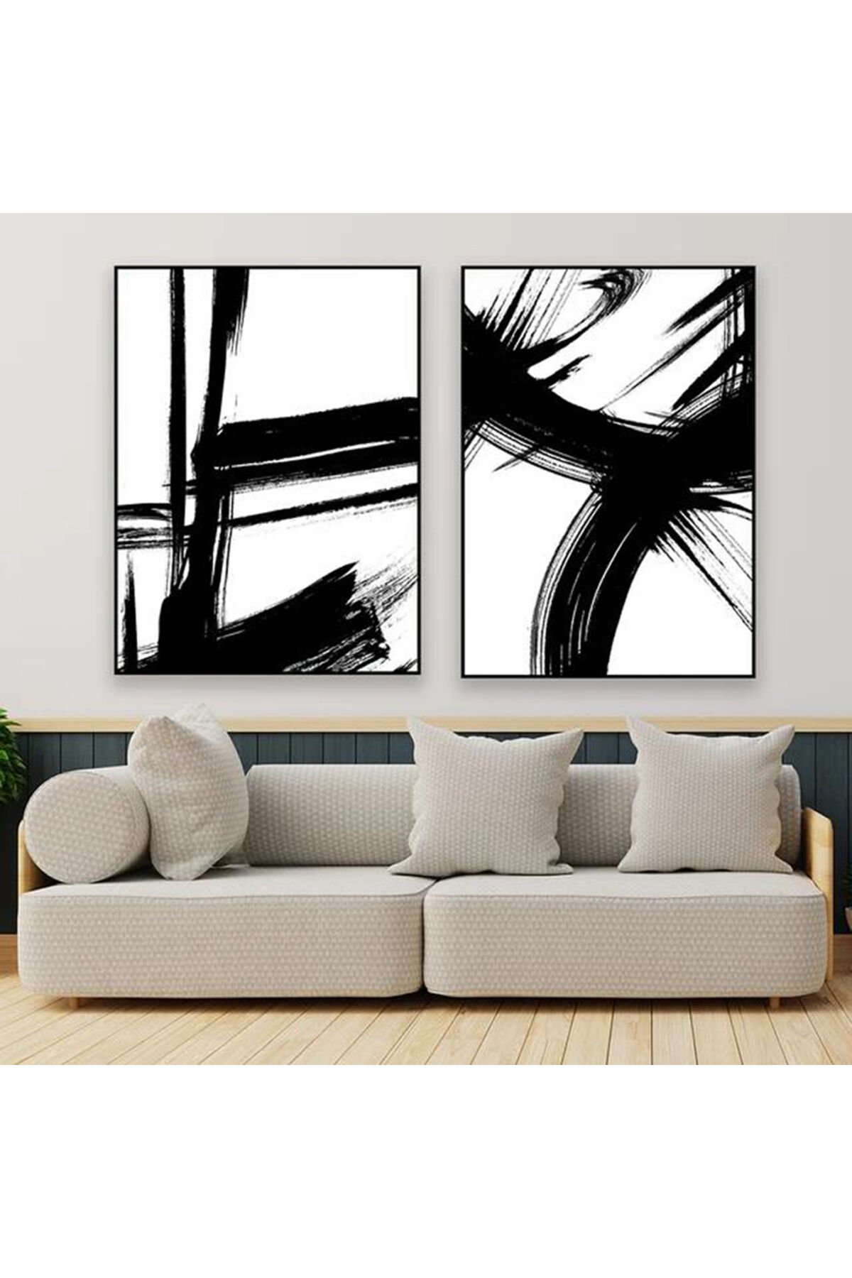 İkili Siyah Metal Çerçeveli Krem Soyut Cam Tablo Seti
