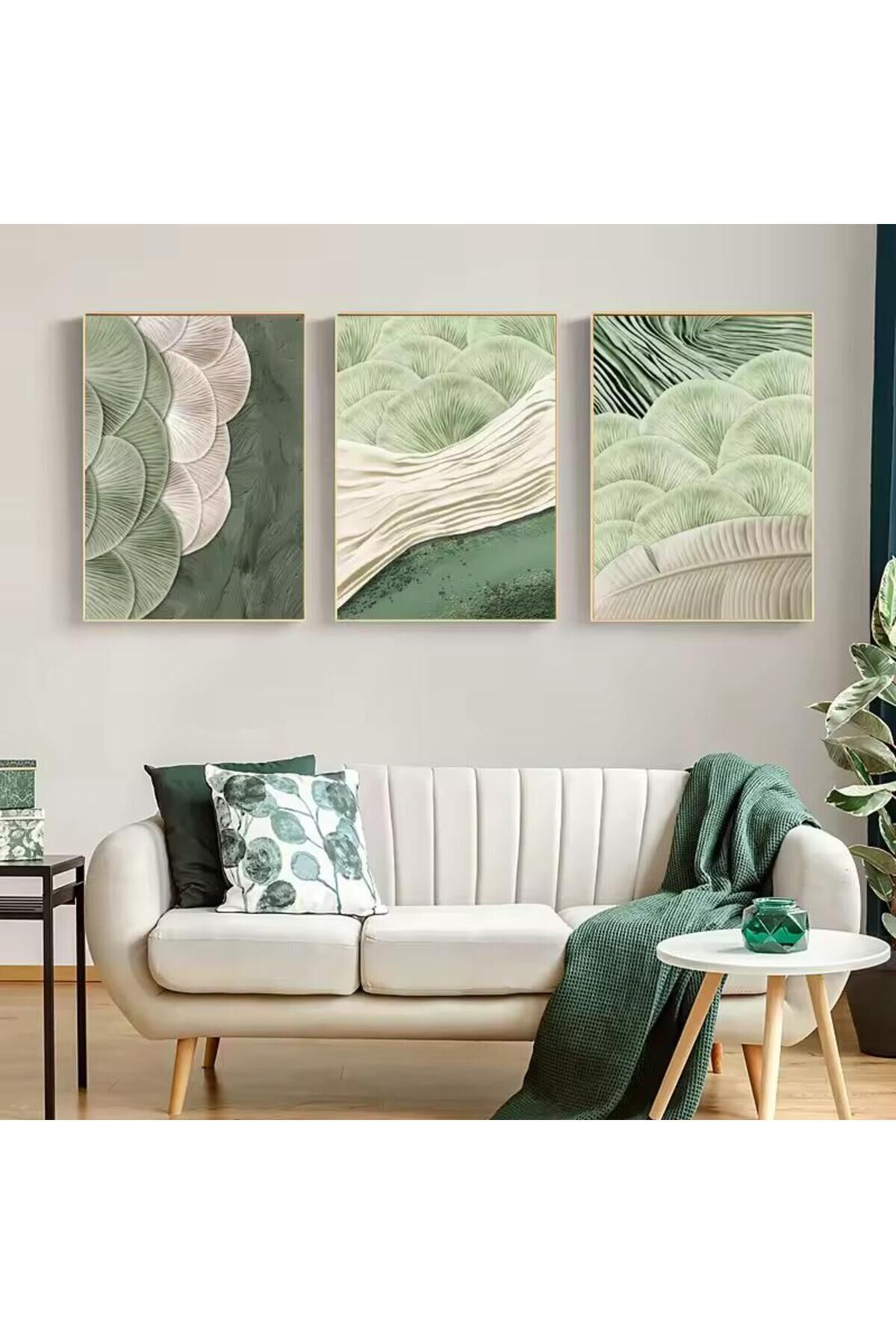 Üçlü Gold Metal Çerçeve Yeşil Desen Cam Tablo Seti