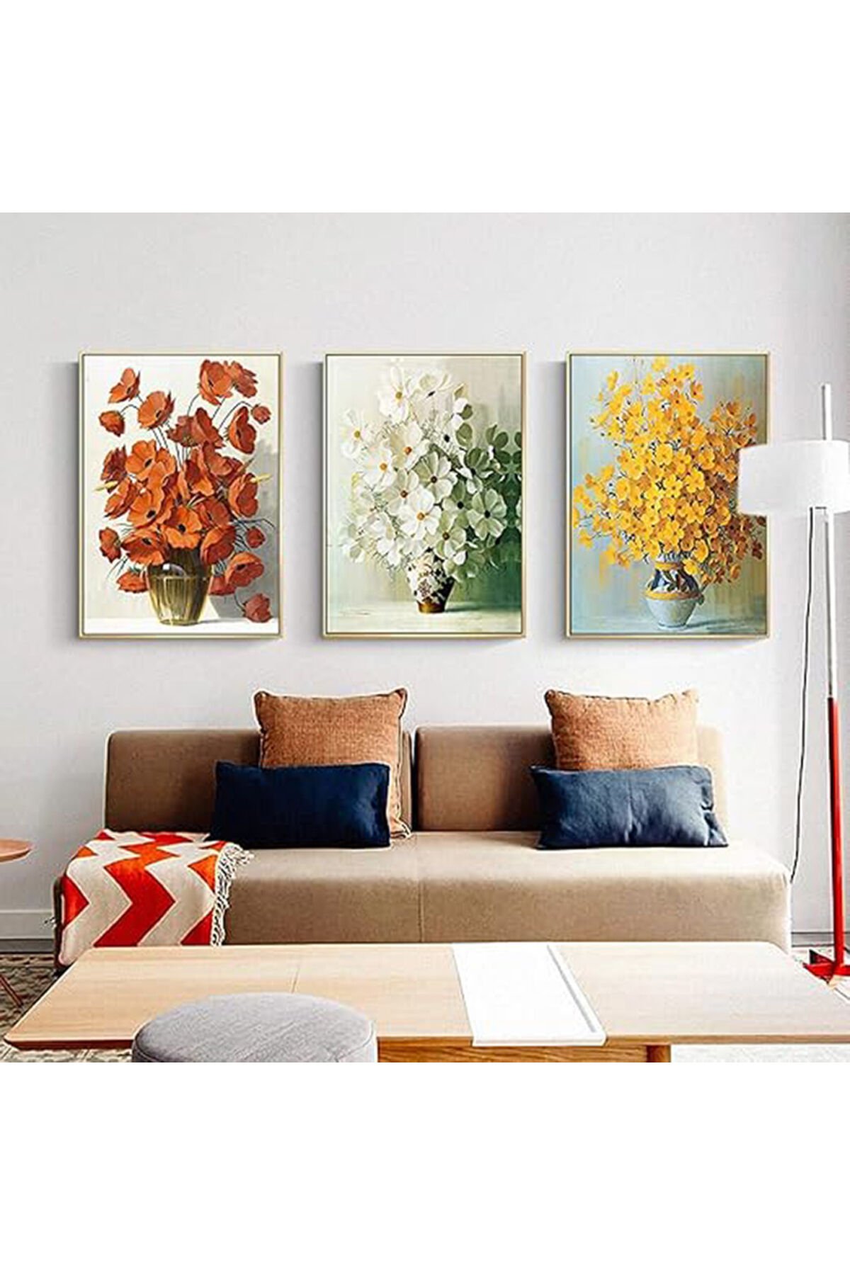 Üçlü Gold Metal Çerçeve Renkli Çiçekler Cam Tablo Seti