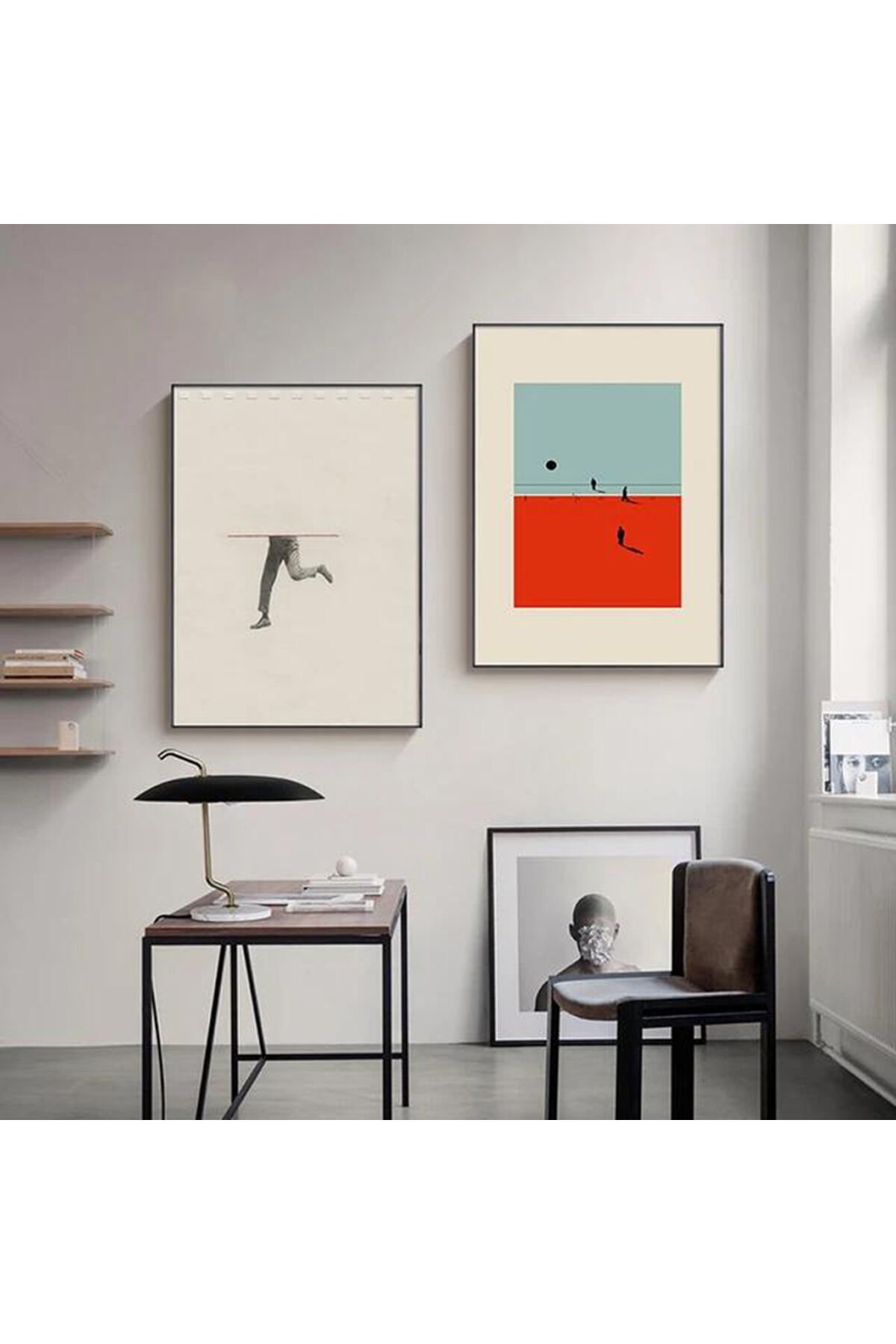 İkili Siyah Metal Çerçeveli Kırmızı Mavi Modern Cam Tablo Seti