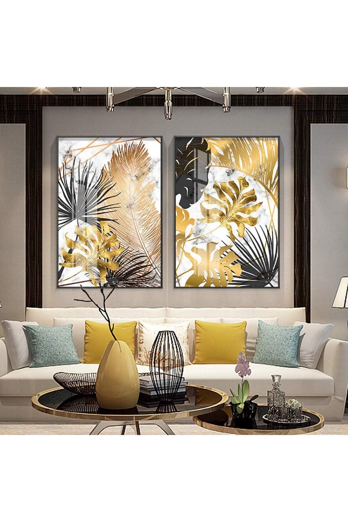 İkili Siyah Metal Çerçeveli Gold Yaprak Cam Tablo Seti