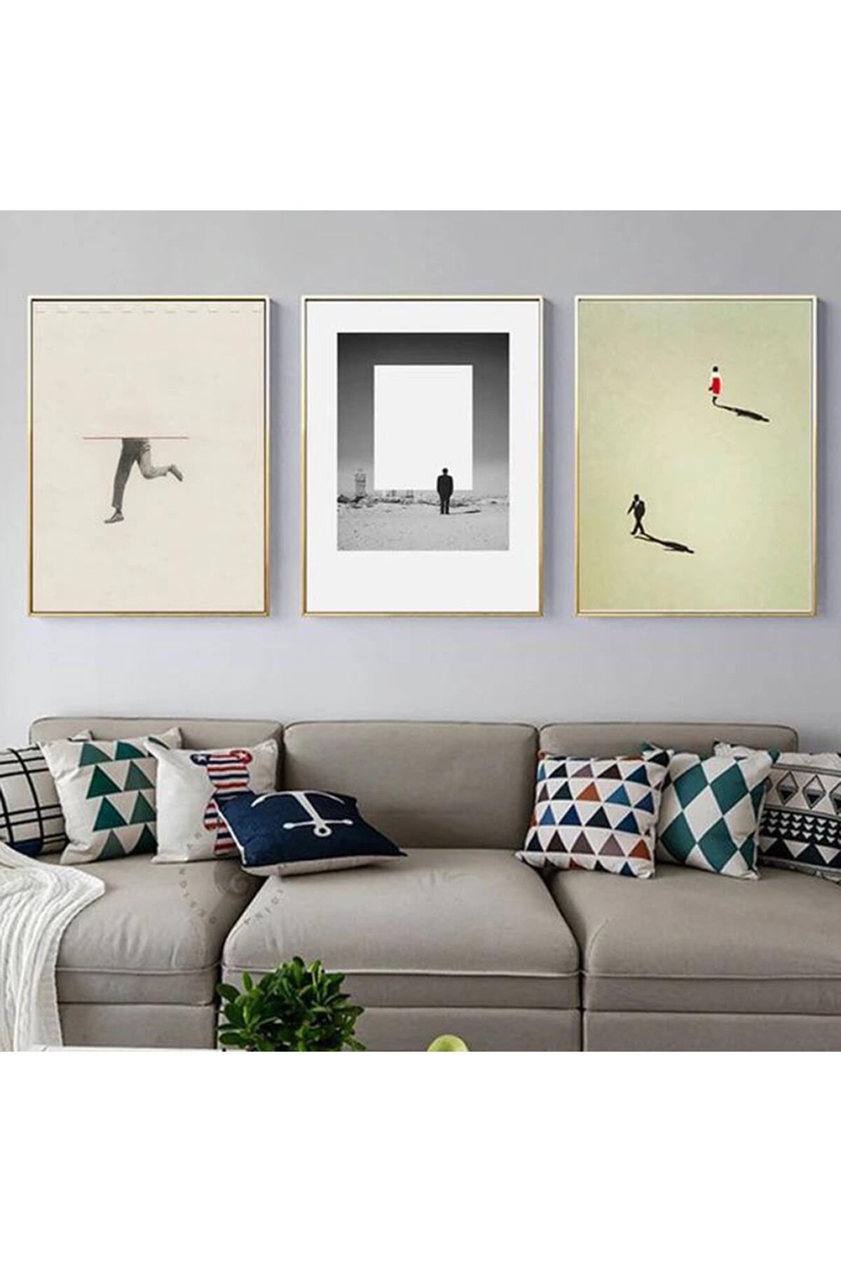 Üçlü Gold Metal Çerçeve Gölge Sanatsal Cam Tablo Seti
