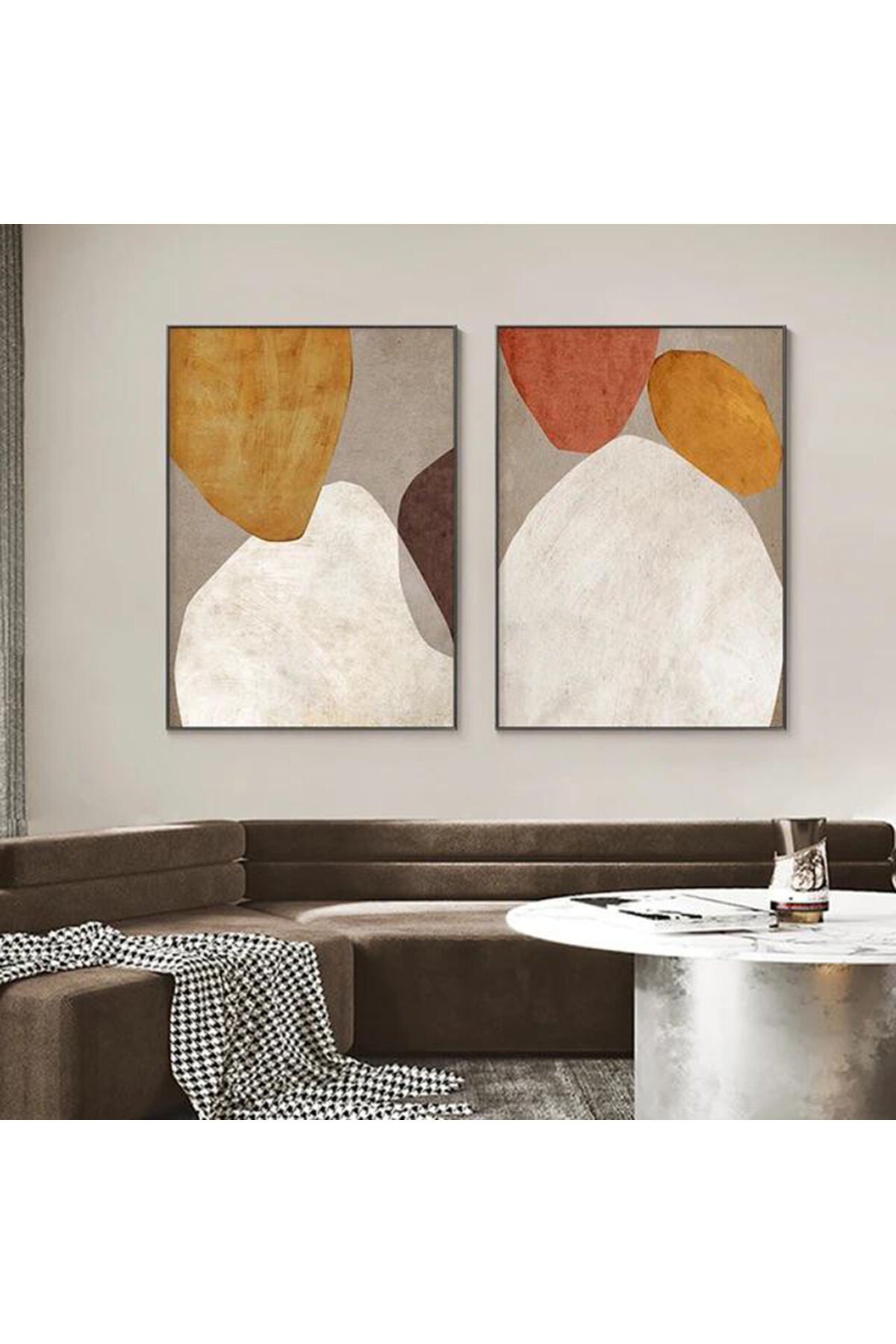 İkili Siyah Metal Çerçeveli Kahve Soyut Cam Tablo Seti