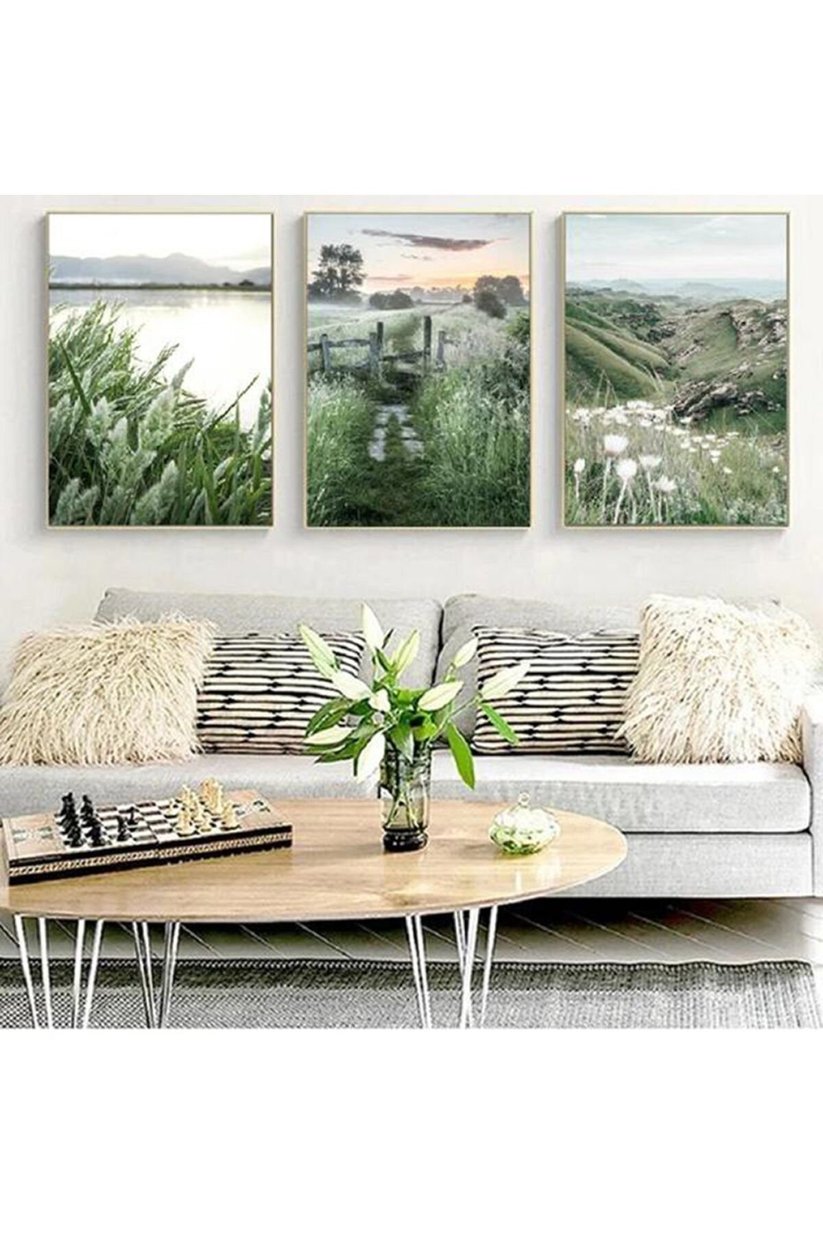 Üçlü Gold Metal Çerçeve Yeşil Çiçek Doğa Cam Tablo Seti