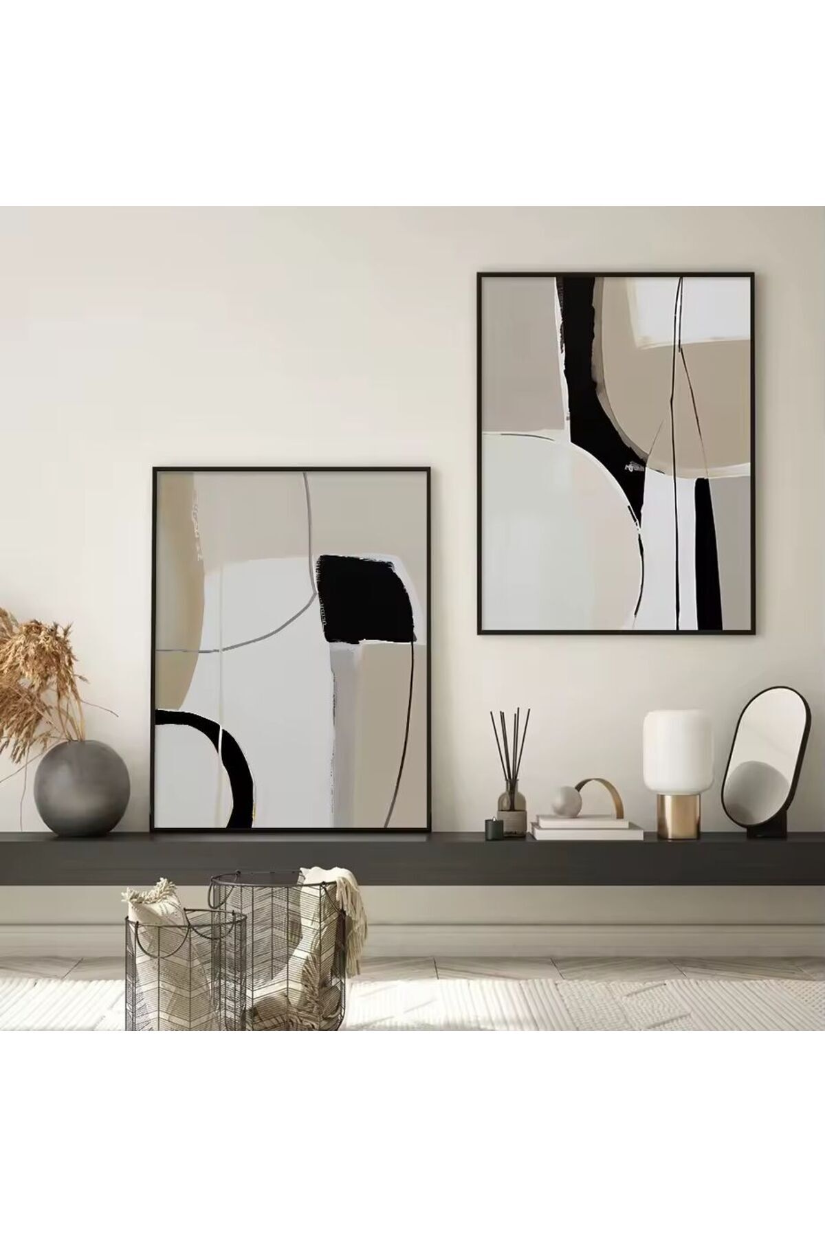 İkili Siyah Metal Çerçeveli Soyut Tarz Cam Tablo Seti