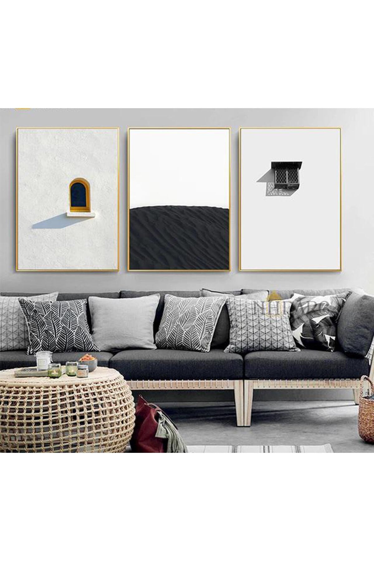 Üçlü Gold Metal Çerçeve Pencere Siyah Beyaz Cam Tablo Seti