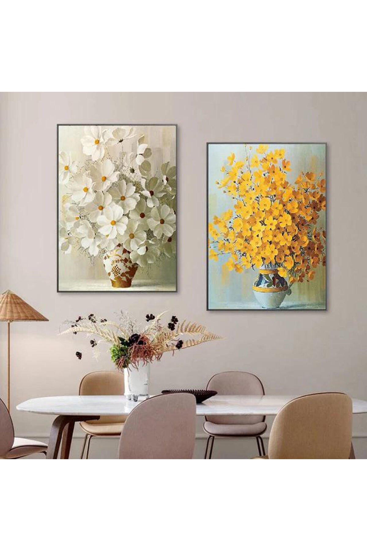 İkili Siyah Metal Çerçeveli Beyaz Sarı Çiçekler Cam Tablo Seti