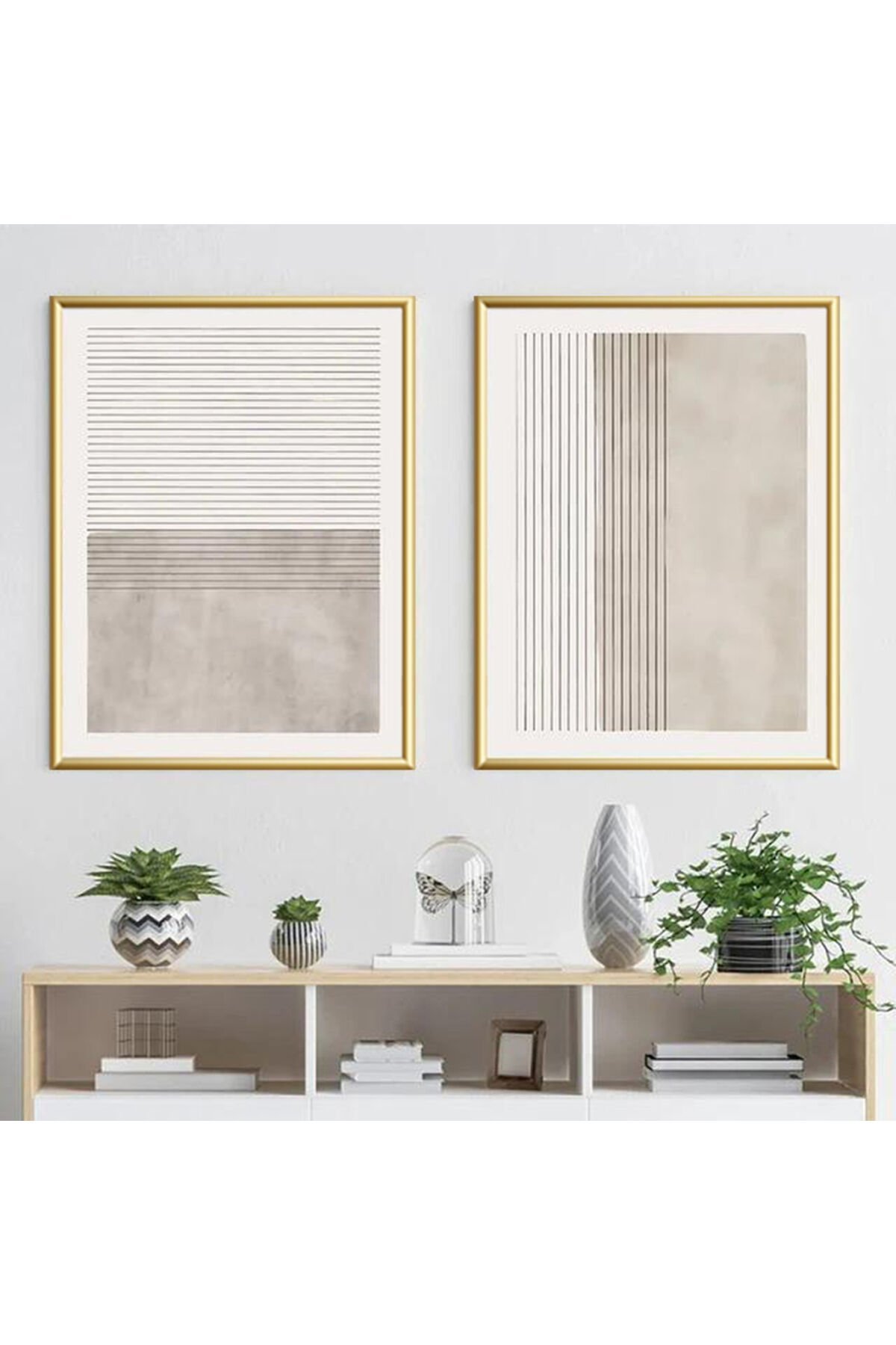 İkili Gold Metal Çerçeveli Soft Çizgi Cam Tablo Seti