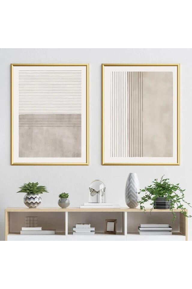 İkili Gold Metal Çerçeveli Soft Çizgi Cam Tablo Seti