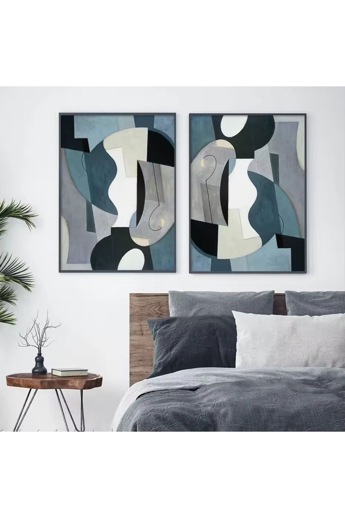 2li Siyah Metal Çerçeveli Soft Mavi Soyut Cam Tablo Seti